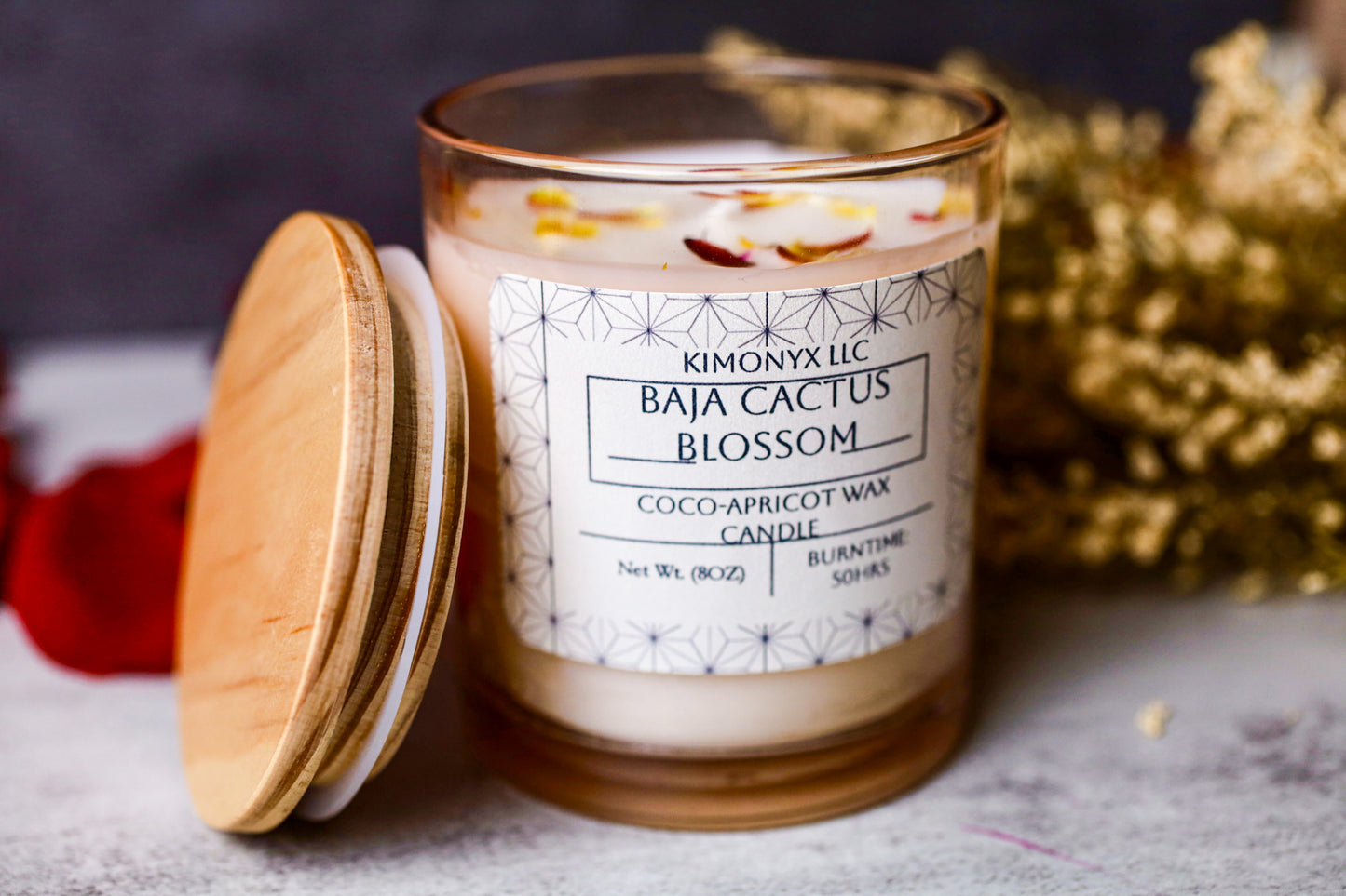 Baja Cactus Blossom | 8oz Coconut-Apricot Candle (Topped with Dried Flowers) + Free Car Air Freshener
