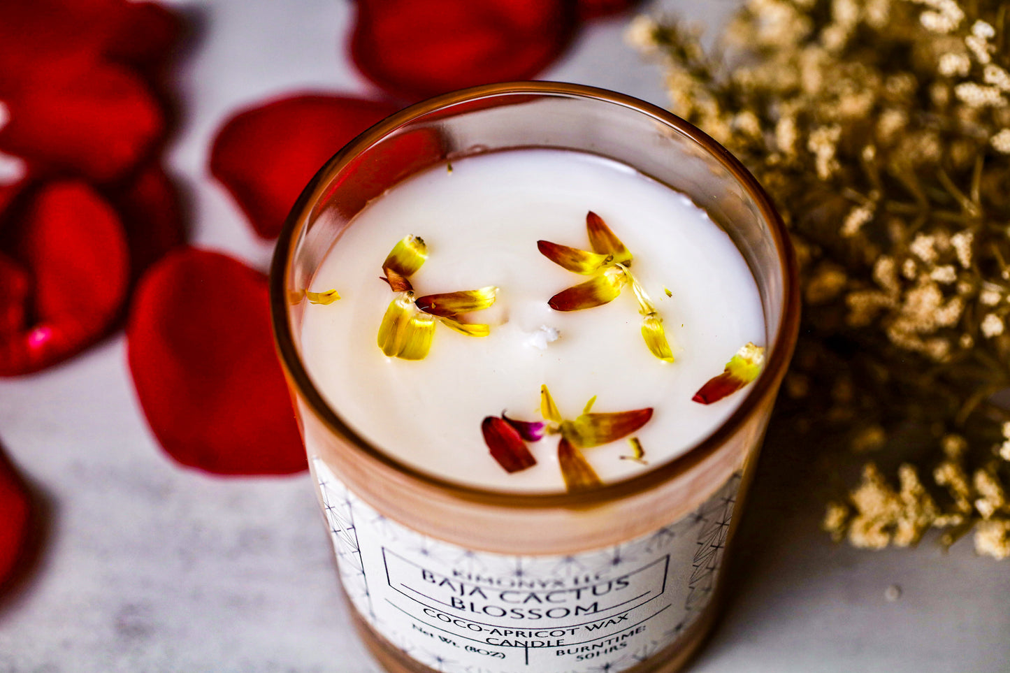 Baja Cactus Blossom | 8oz Coconut-Apricot Candle (Topped with Dried Flowers) + Free Car Air Freshener
