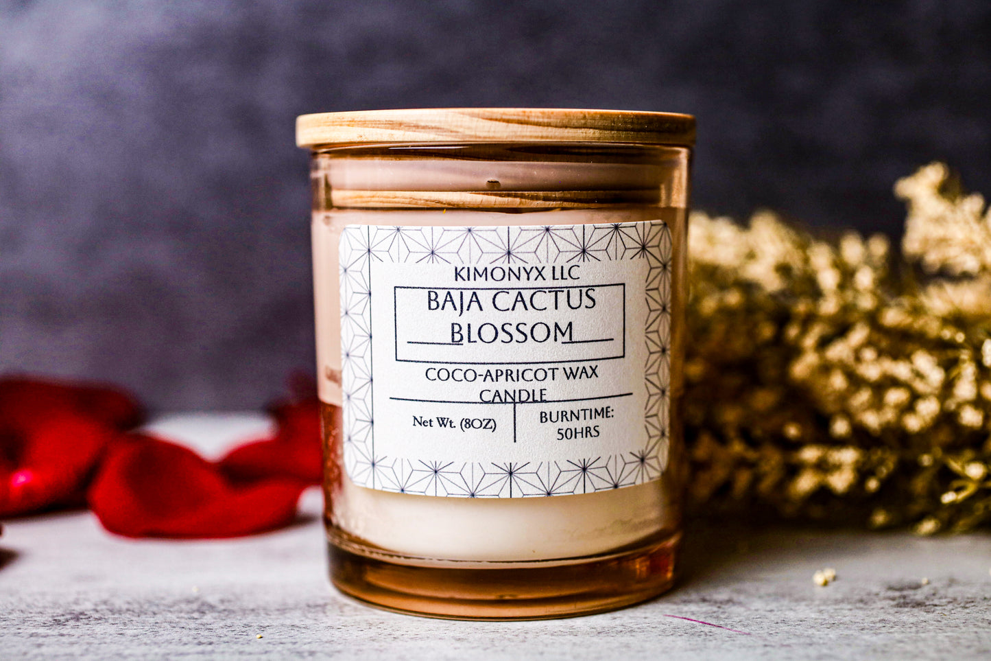 Baja Cactus Blossom | 8oz Coconut-Apricot Candle (Topped with Dried Flowers) + Free Car Air Freshener