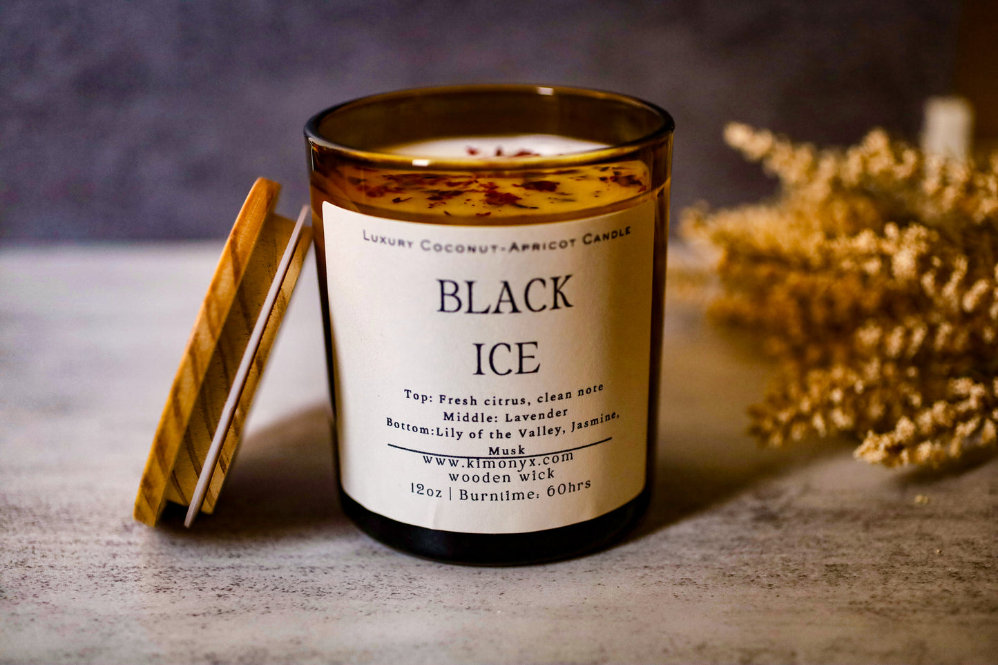 Black Ice | Coconut-Apricot Candle 12oz  (Topped with Dried Flowers) + Free Car Air Freshener