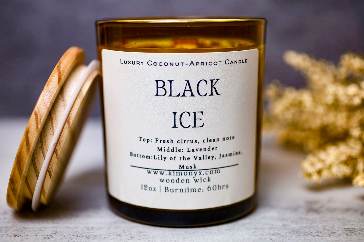 Black Ice | Coconut-Apricot Candle 12oz  (Topped with Dried Flowers) + Free Car Air Freshener