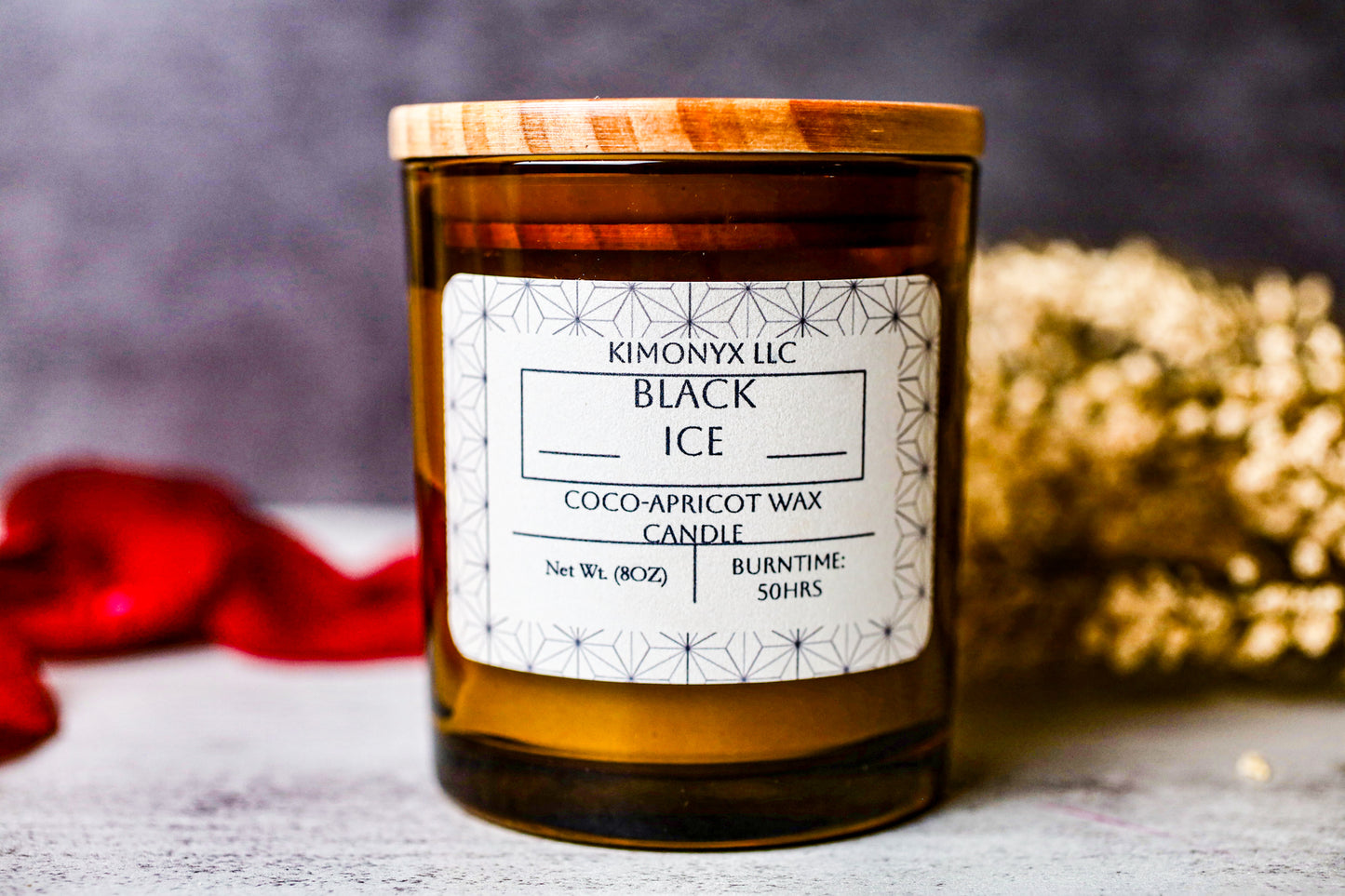 Black Ice | 8oz Coconut-Apricot Candle (Topped with Dried Flowers) + Free Car Air Freshener