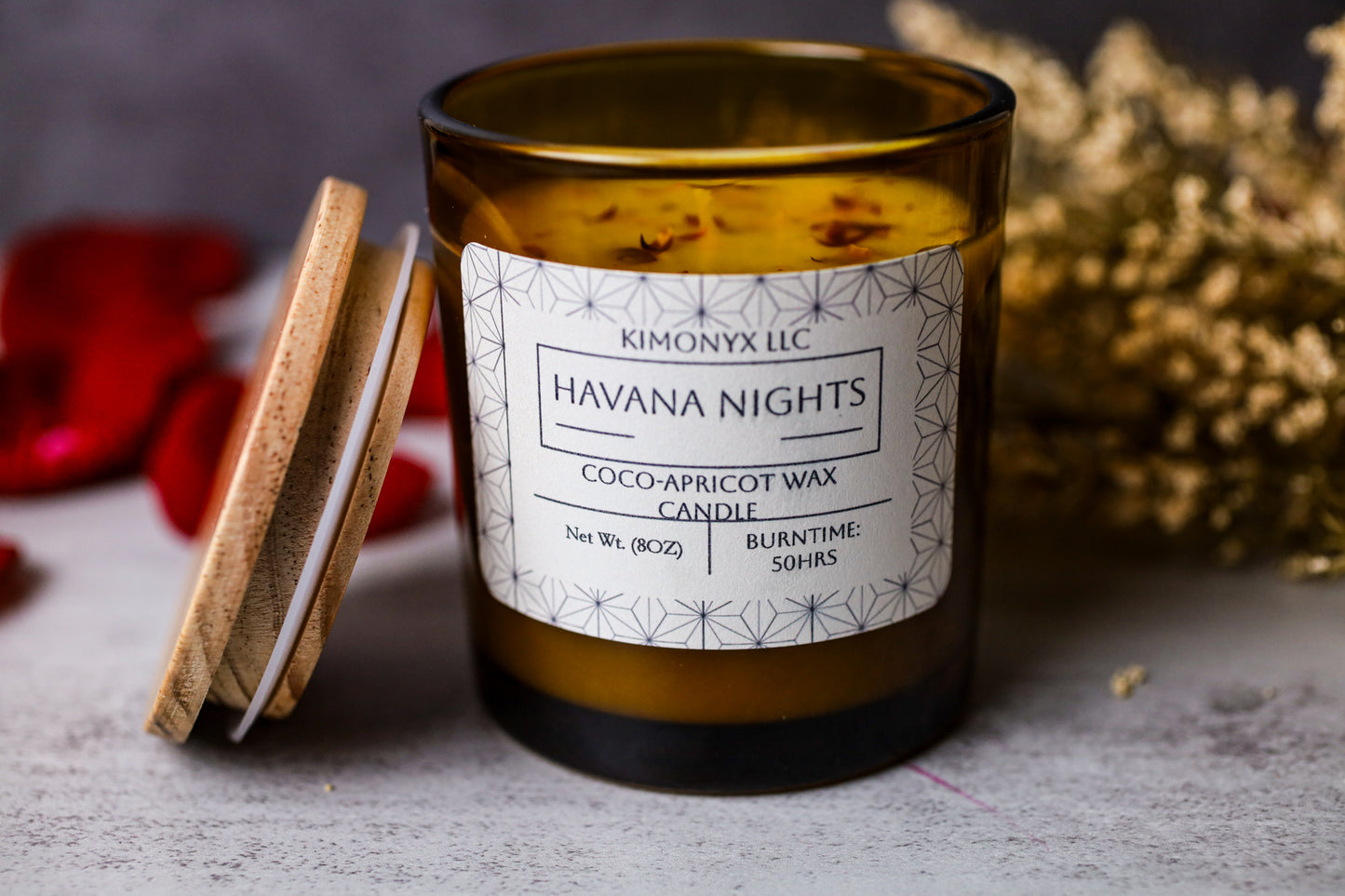 Havana Nights – 8 oz Coconut Apricot Wax Candle (Topped with Dried Flower) + Free Car Air Freshener