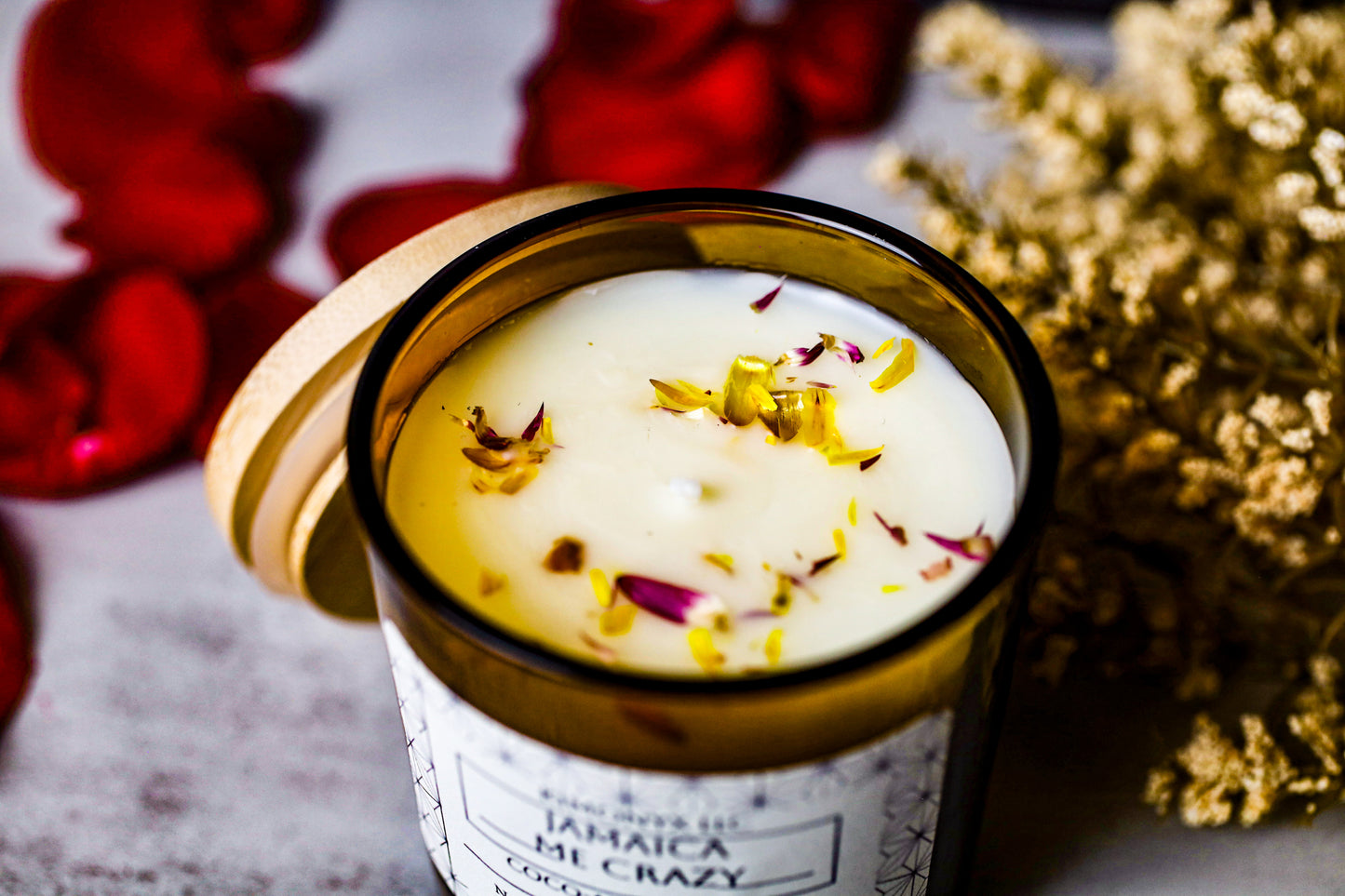Jamaica Me Crazy – 8 oz Coconut Apricot Wax Candle (Topped with Dried Flower) + Free Car Air Freshener