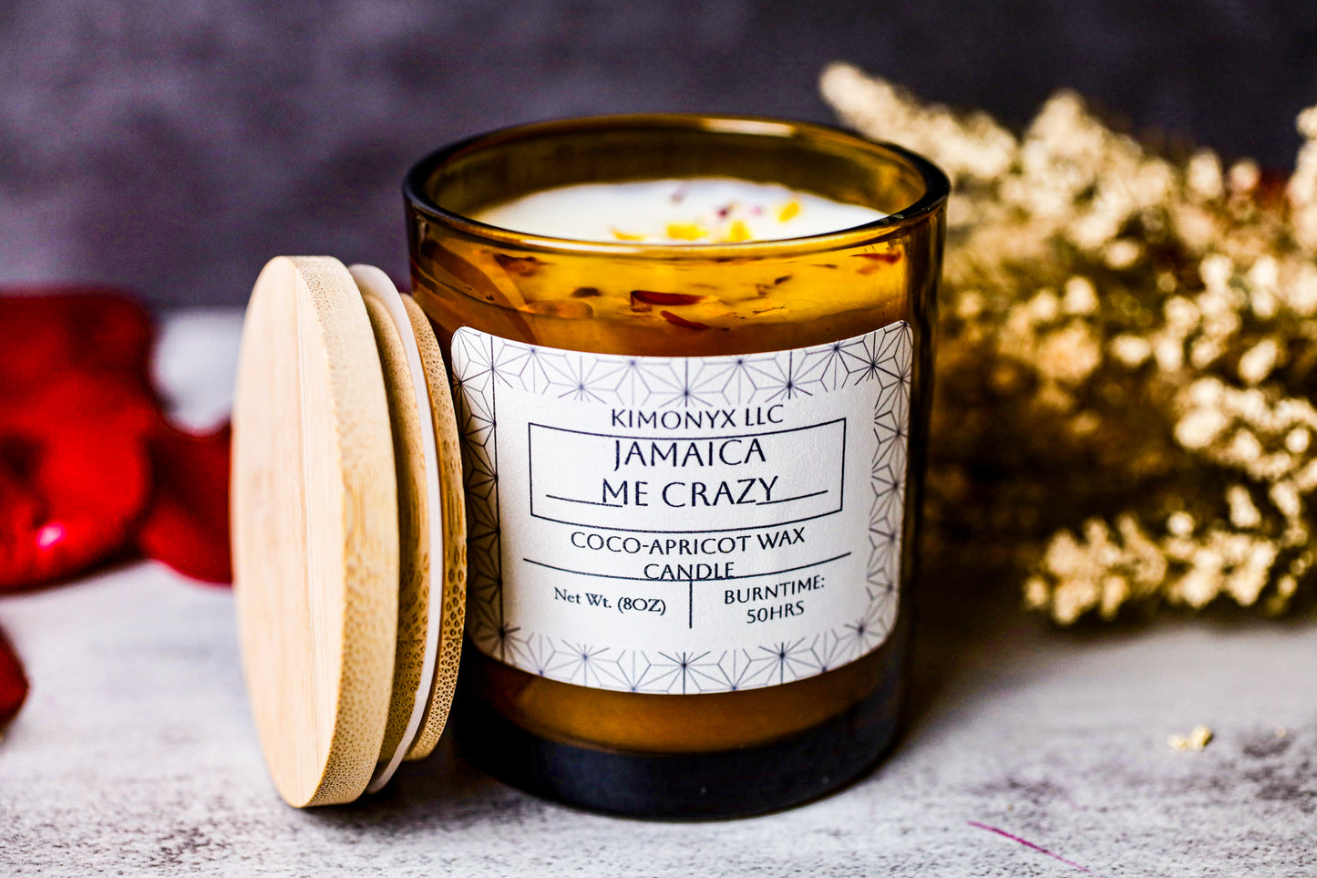 Jamaica Me Crazy – 8 oz Coconut Apricot Wax Candle (Topped with Dried Flower) + Free Car Air Freshener