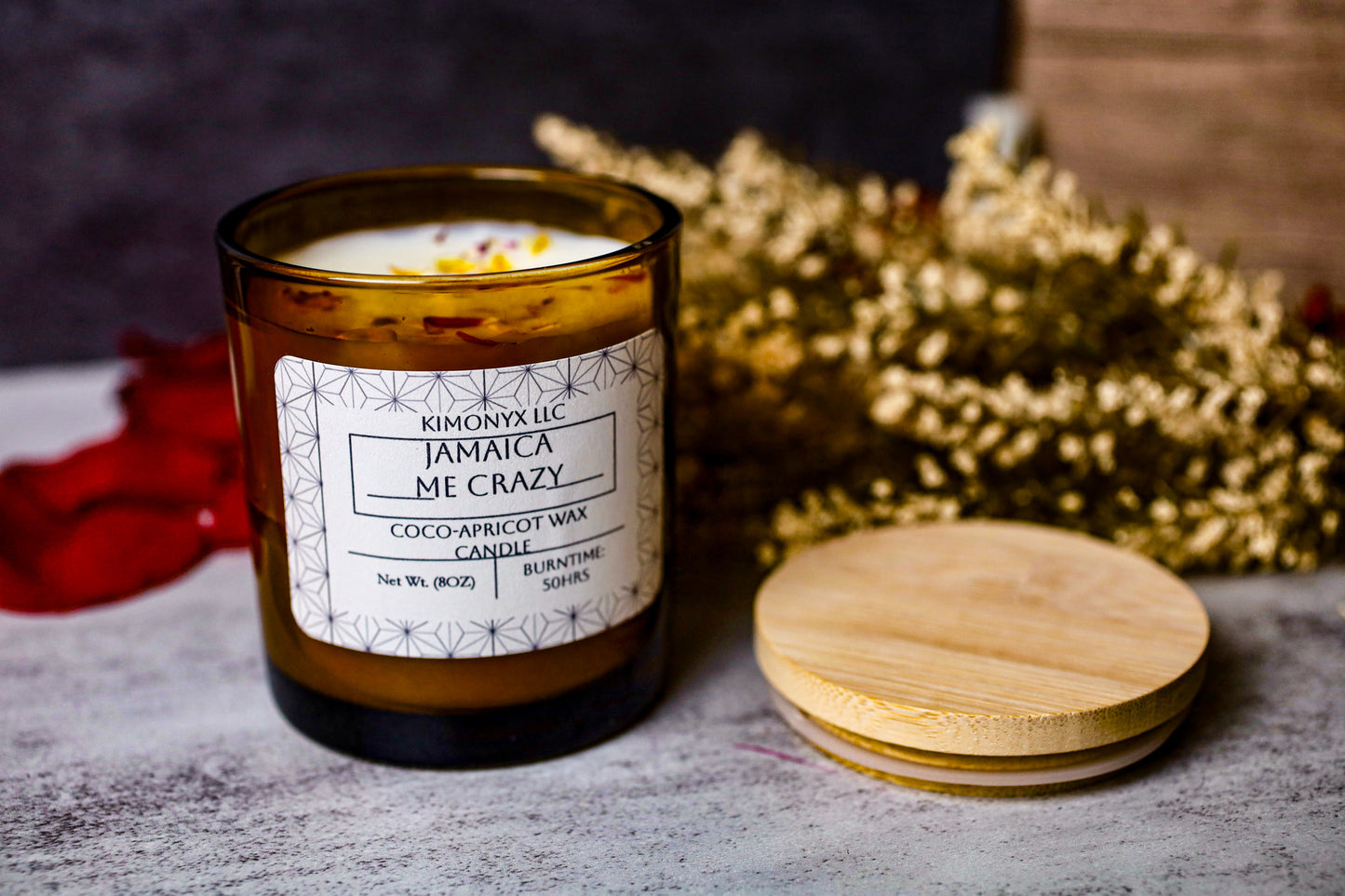 Jamaica Me Crazy – 8 oz Coconut Apricot Wax Candle (Topped with Dried Flower) + Free Car Air Freshener