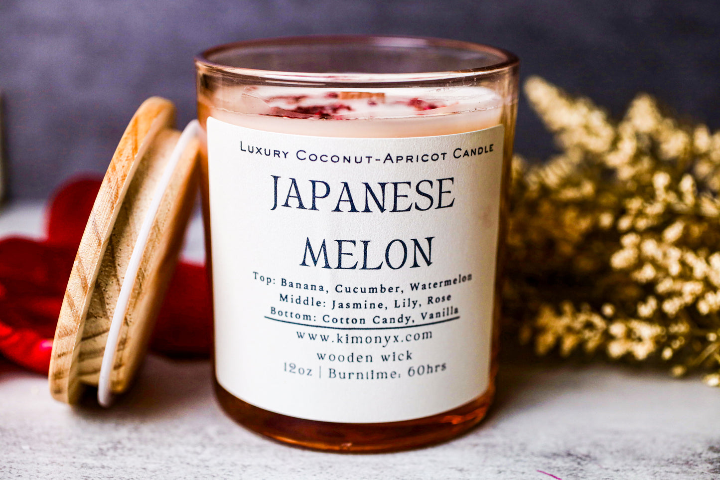 Japanese Melon – 12 oz Coconut Apricot Wax Candle (Topped with Dried Flower) + Free Car Air Freshener