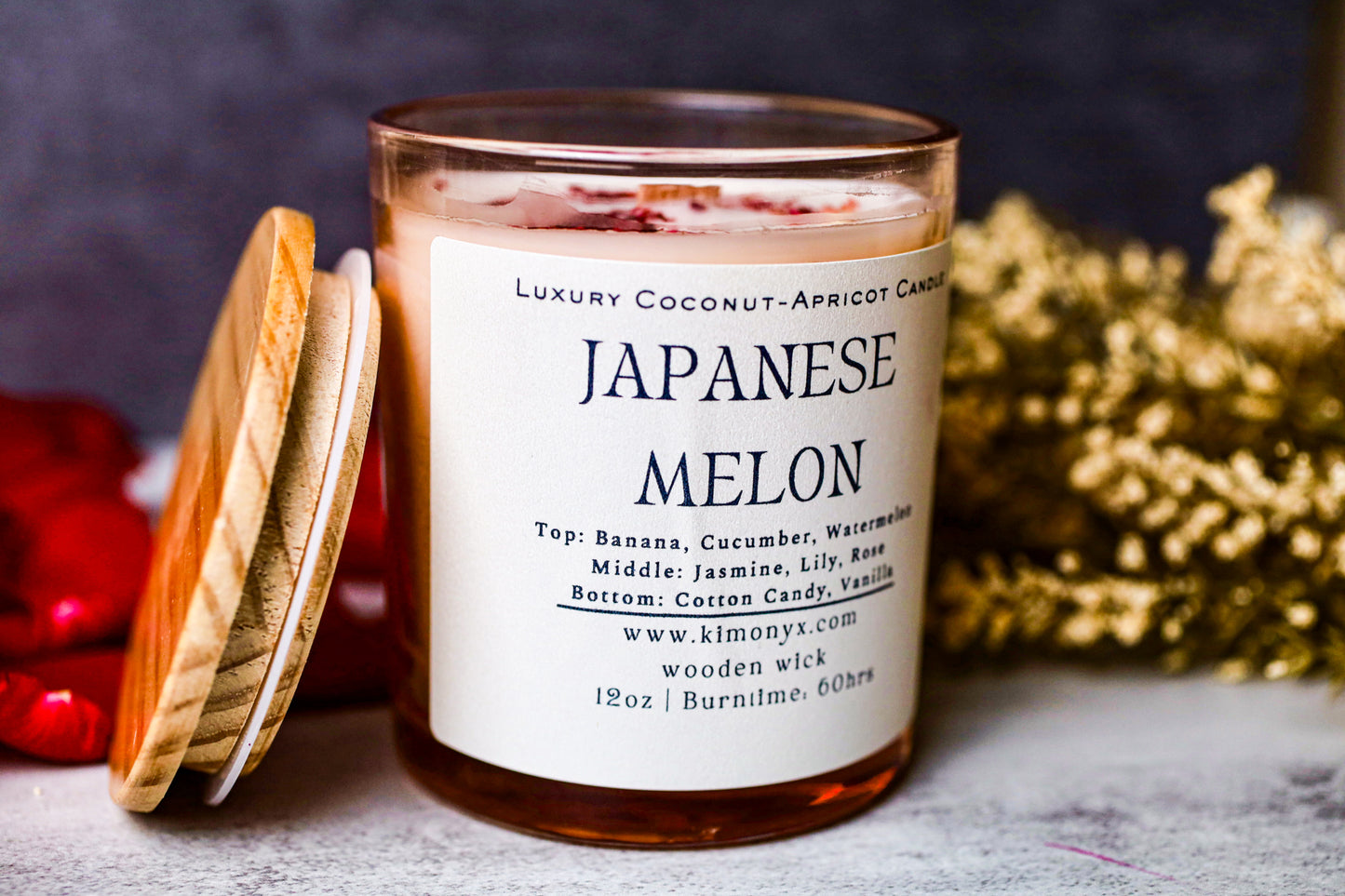 Japanese Melon – 12 oz Coconut Apricot Wax Candle (Topped with Dried Flower) + Free Car Air Freshener