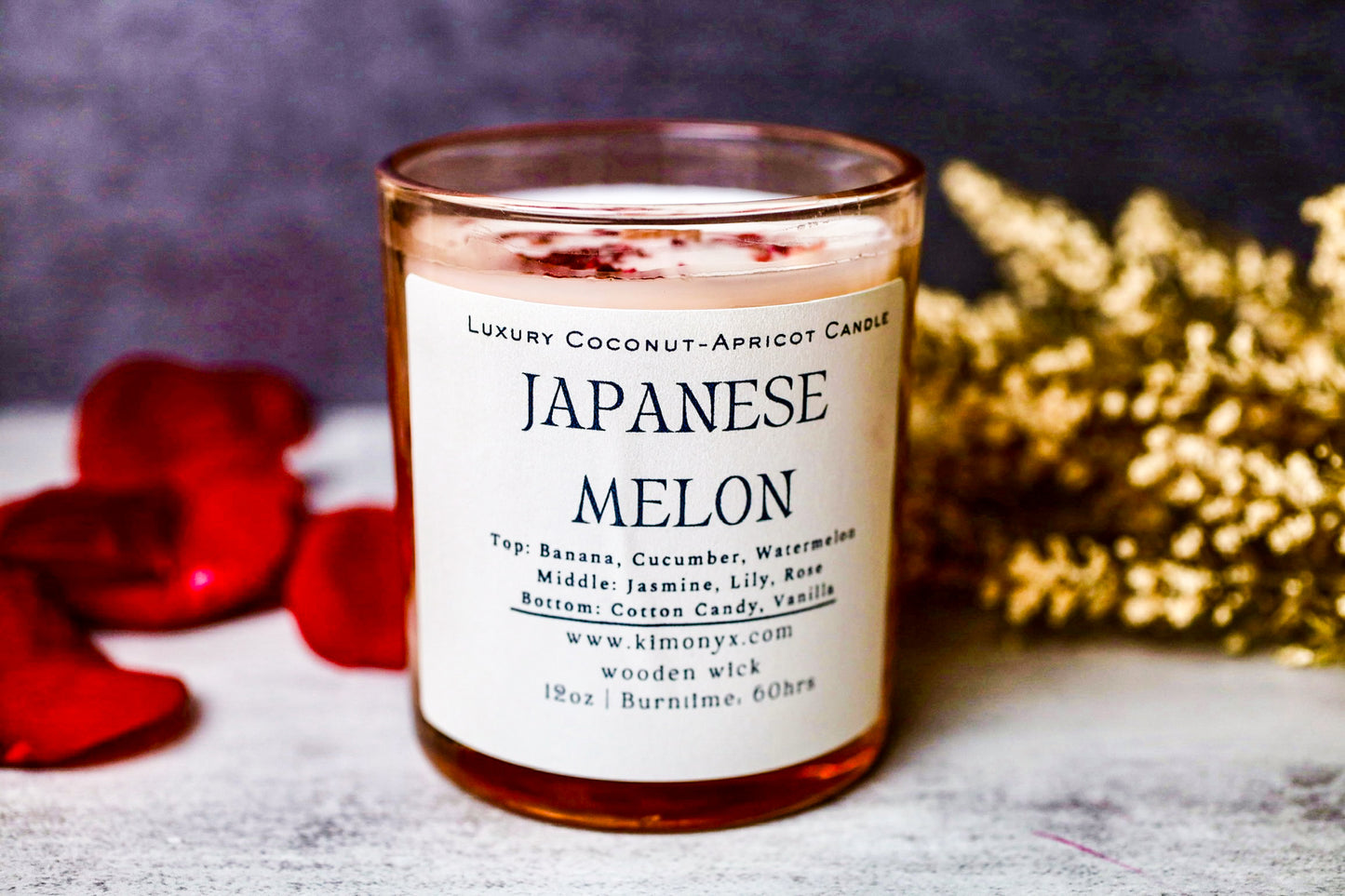 Japanese Melon – 12 oz Coconut Apricot Wax Candle (Topped with Dried Flower) + Free Car Air Freshener