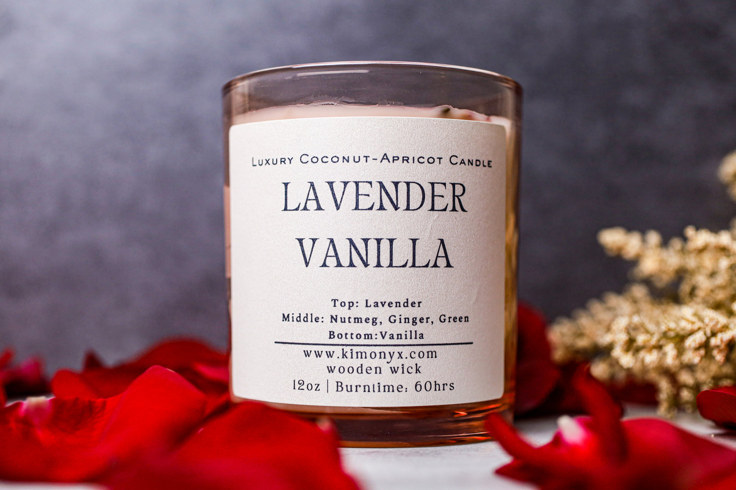 Lavender Vanilla – 12 oz Coconut Apricot Wax Candle (Topped with Dried Flowers) + Free Car Diffuser