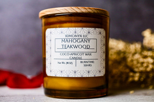 Mahogany Teakwood | 8oz Coconut-Apricot Candle (Topped w/ Dried Flowers) + Free Car Air Freshener