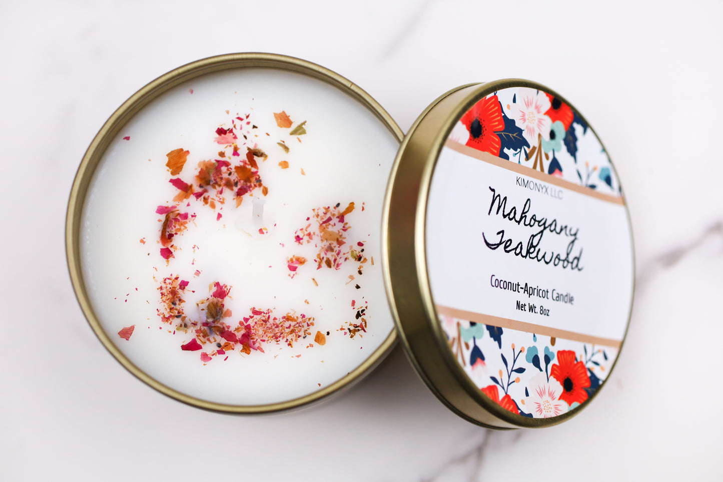 8oz Coconut Apricot Candle in Gold Tin Jar with Dried Flowers