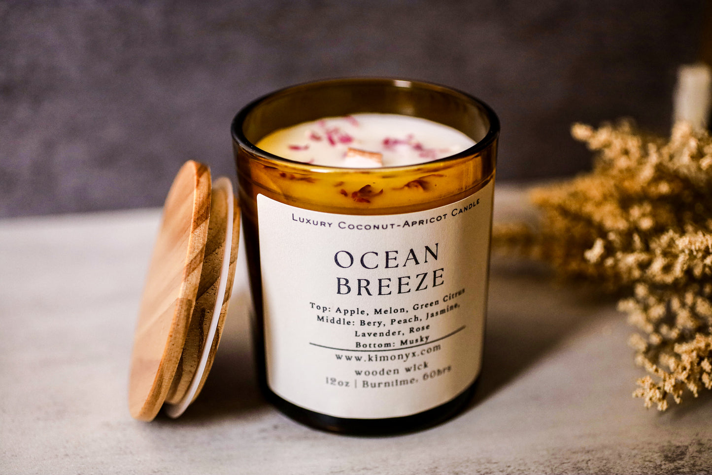 Ocean Breeze | Coconut-Apricot Candle 12oz  (Topped with Dried Flowers) + Free Car Air Freshener