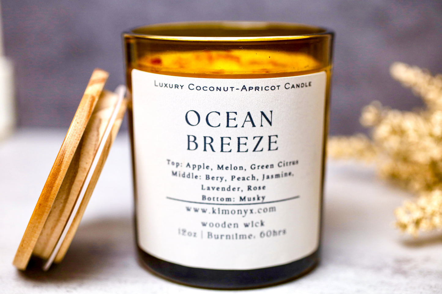 Ocean Breeze | Coconut-Apricot Candle 12oz  (Topped with Dried Flowers) + Free Car Air Freshener