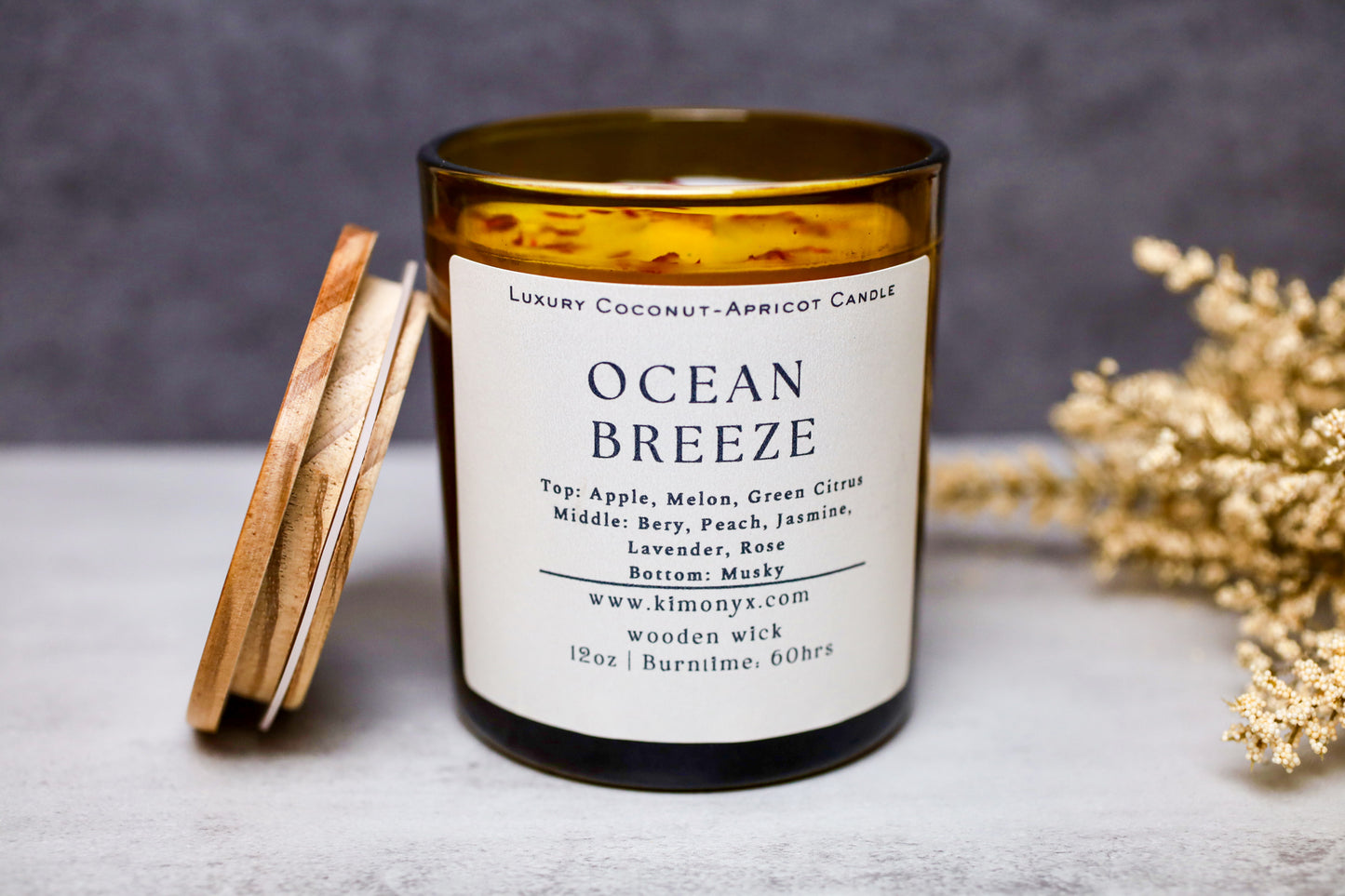Ocean Breeze | Coconut-Apricot Candle 12oz  (Topped with Dried Flowers) + Free Car Air Freshener