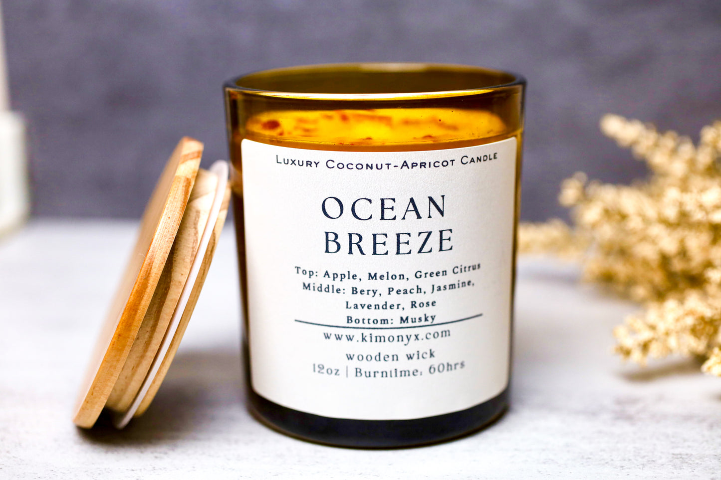 Ocean Breeze | Coconut-Apricot Candle 12oz  (Topped with Dried Flowers) + Free Car Air Freshener