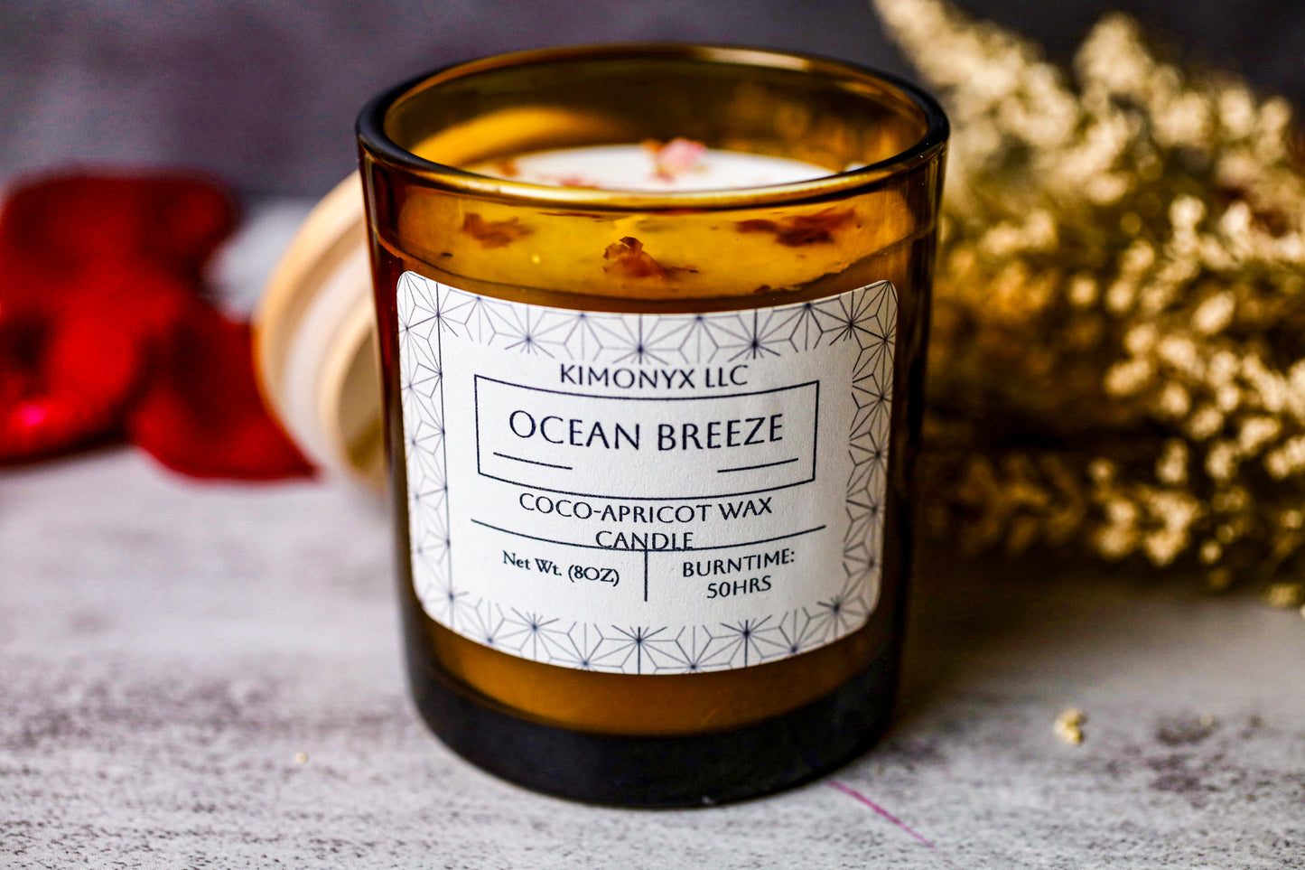 Ocean Breeze | 8oz Coconut-Apricot Candle (Topped with Dried Flowers) + Free Car Air Freshener