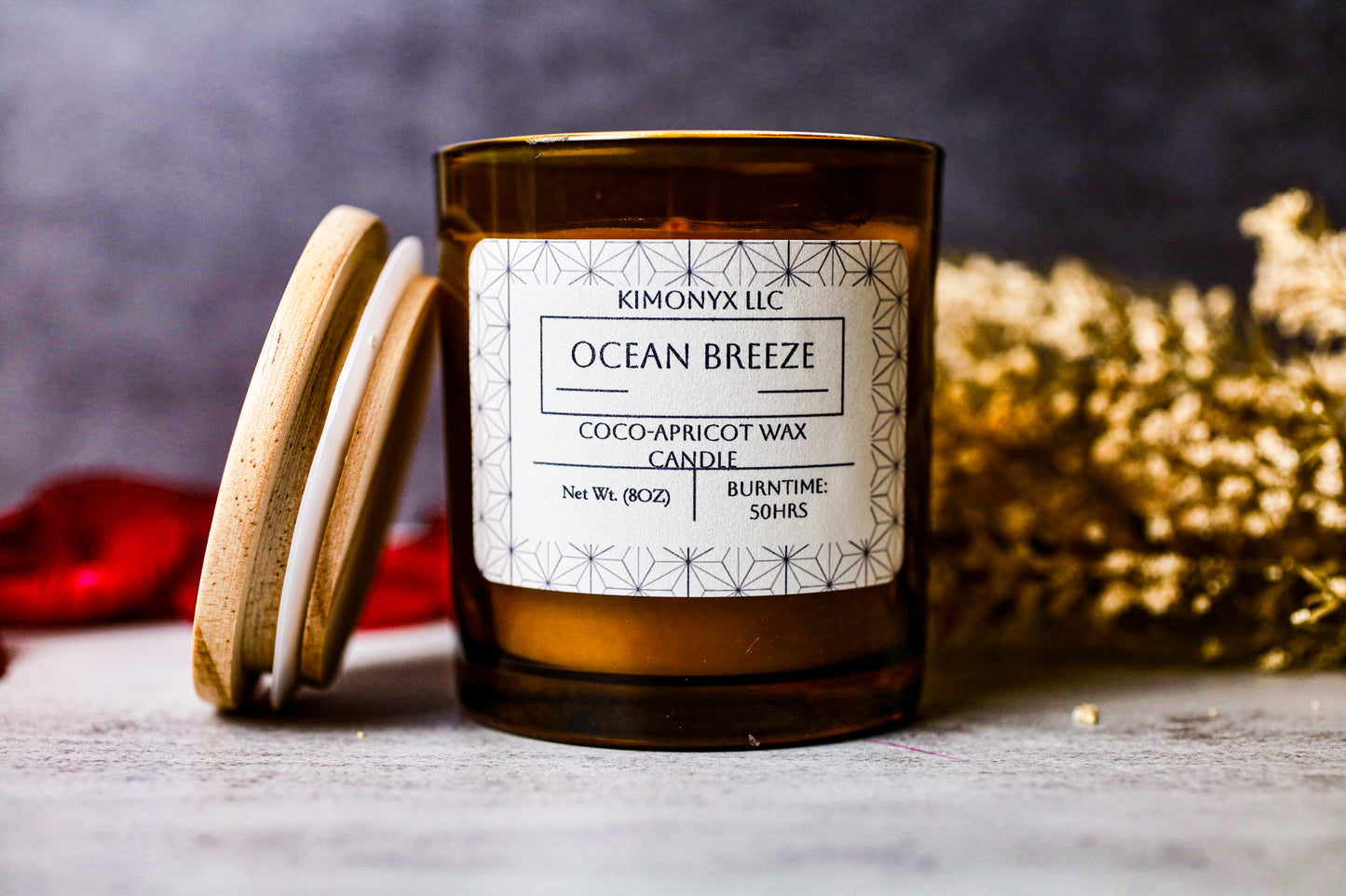 Ocean Breeze | 8oz Coconut-Apricot Candle (Topped with Dried Flowers) + Free Car Air Freshener