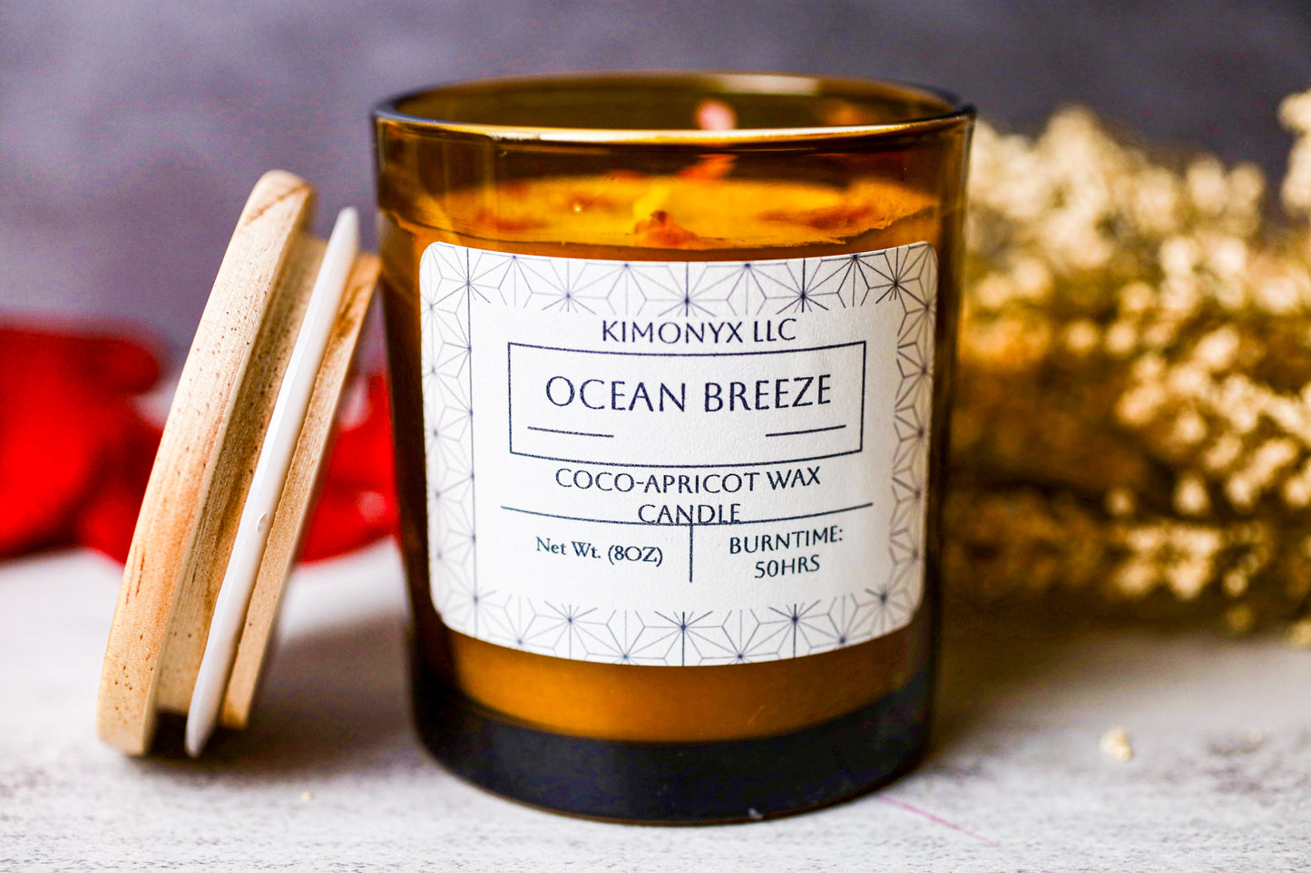 Ocean Breeze | 8oz Coconut-Apricot Candle (Topped with Dried Flowers) + Free Car Air Freshener