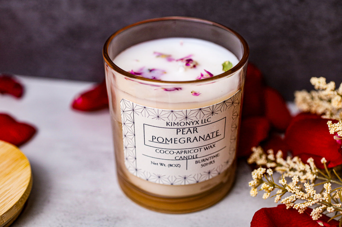 Pear Pomegranate | Coconut-Apricot Candle 8oz (Topped with Dried Flowers) + Free Car Air Freshener