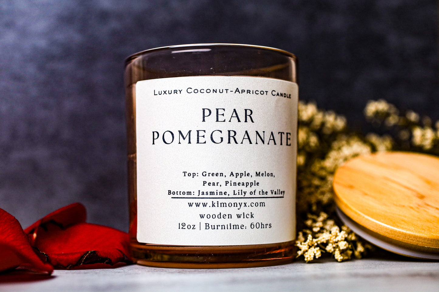 Pear Pomegranate – 12 oz Coconut Apricot Wax Candle (Topped with Dried Flowers) + Free Car Air Freshener