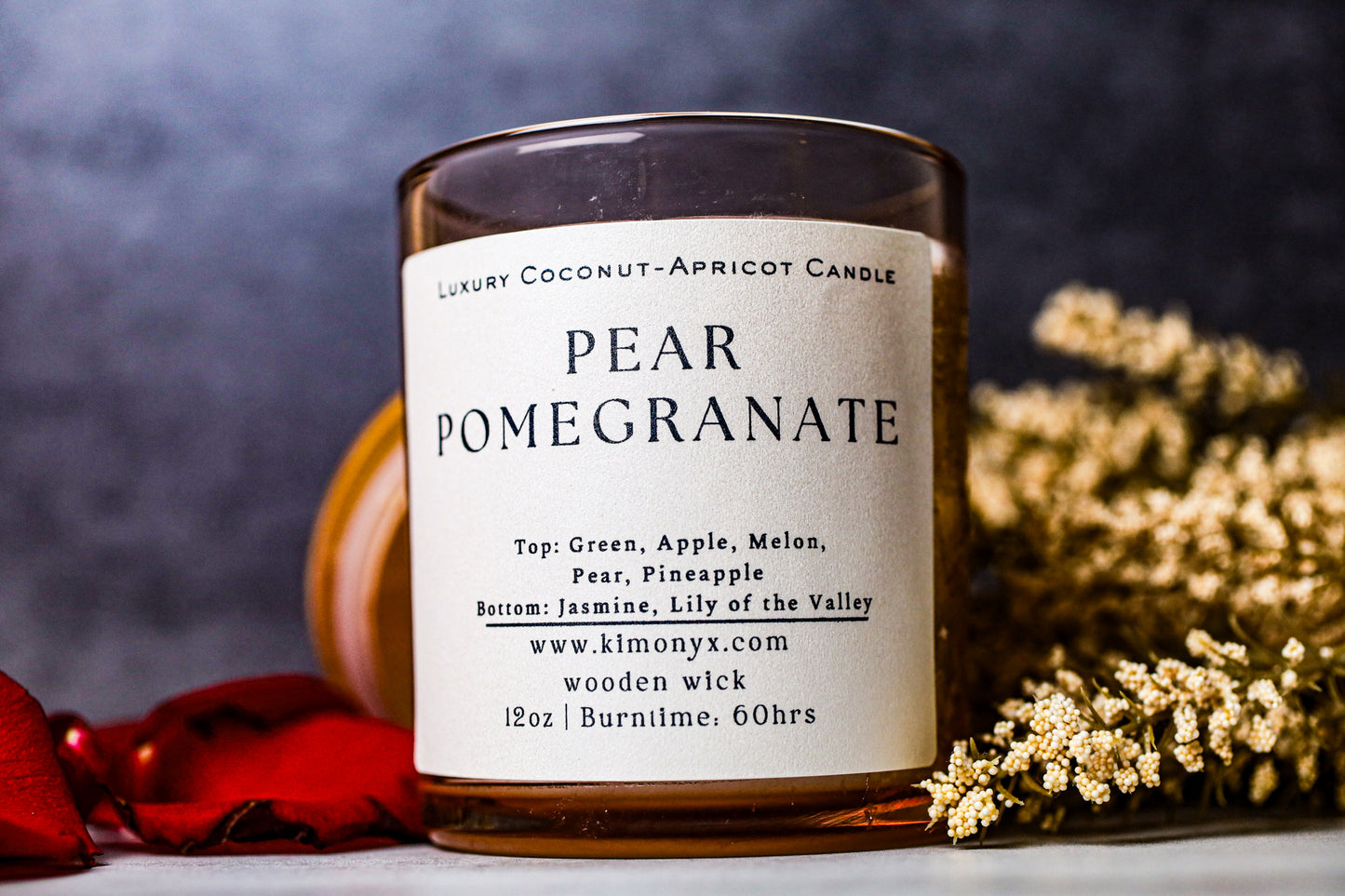 Pear Pomegranate – 12 oz Coconut Apricot Wax Candle (Topped with Dried Flowers) + Free Car Air Freshener