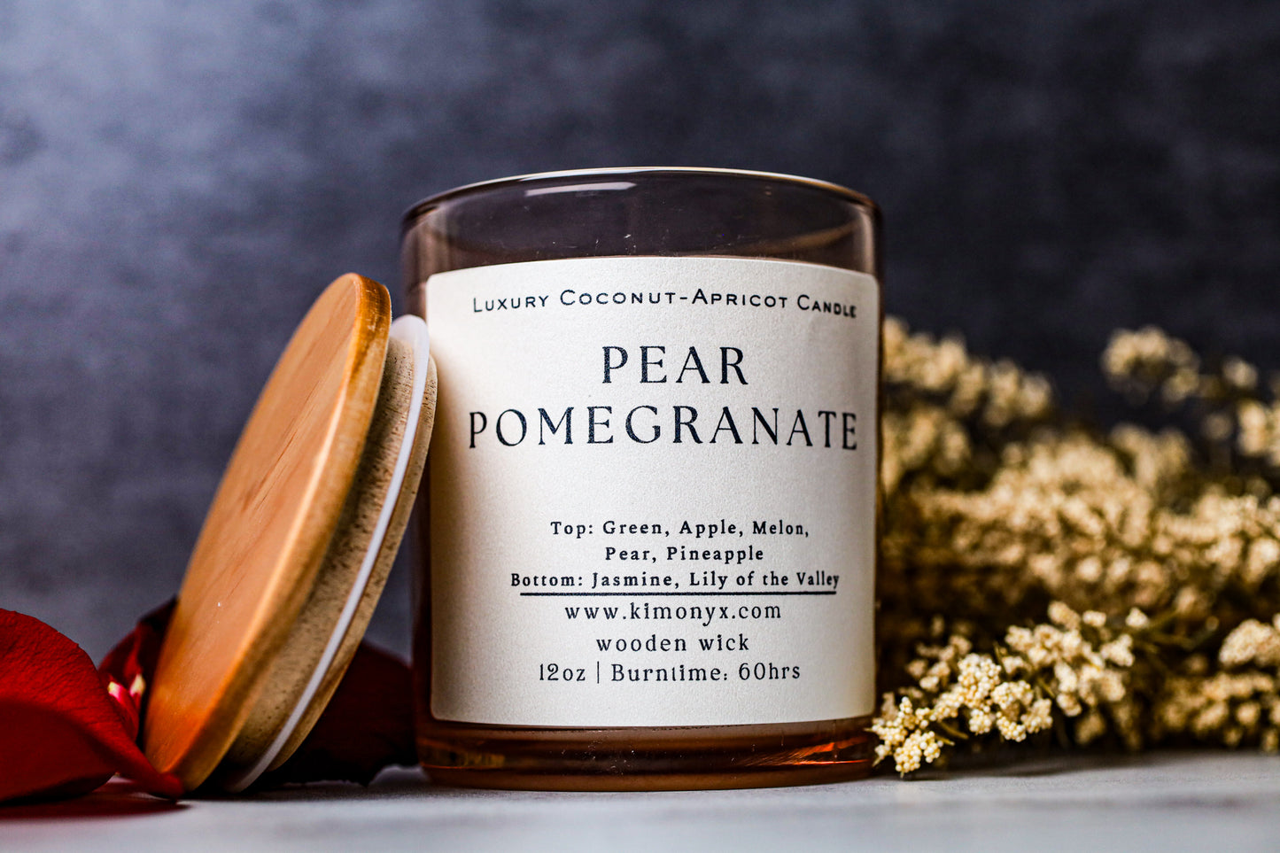Pear Pomegranate – 12 oz Coconut Apricot Wax Candle (Topped with Dried Flowers) + Free Car Air Freshener
