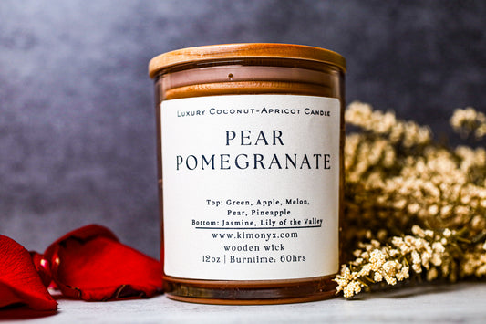 Pear Pomegranate – 12 oz Coconut Apricot Wax Candle (Topped with Dried Flowers) + Free Car Air Freshener