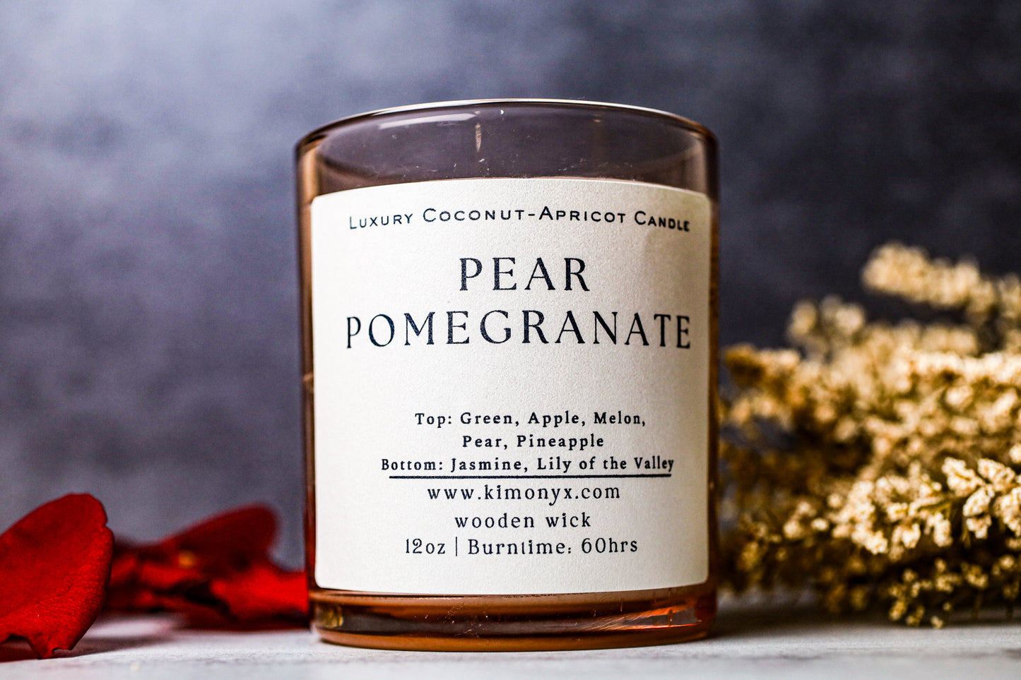 Pear Pomegranate – 12 oz Coconut Apricot Wax Candle (Topped with Dried Flowers) + Free Car Air Freshener