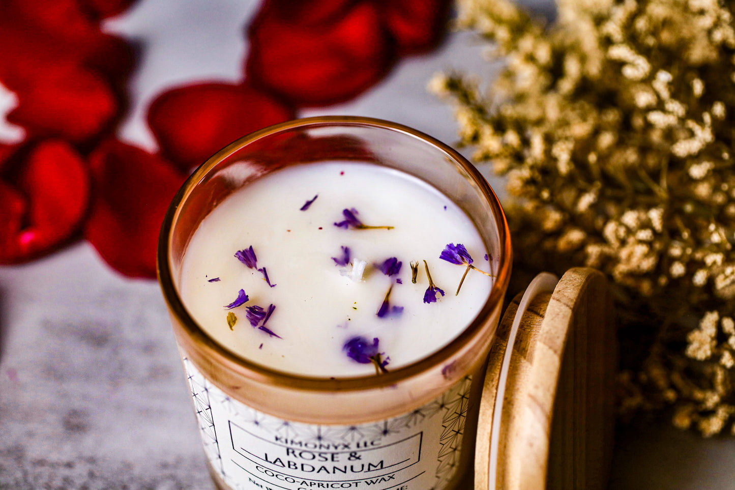 Rose & Labdanum | 8oz Coconut-Apricot Candle (Topped with Dried Flowers) + Free Car Air Freshener