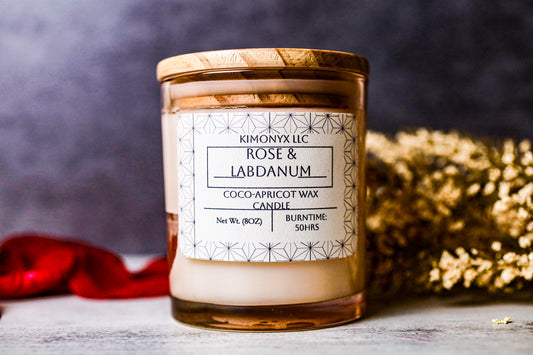 Rose & Labdanum | 8oz Coconut-Apricot Candle (Topped with Dried Flowers) + Free Car Air Freshener