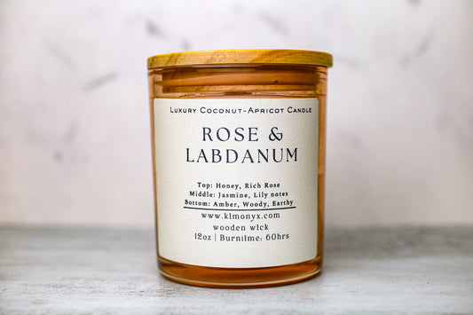 Rose & Labdanum | Coconut-Apricot Candle 12oz  (Topped with Dried Flowers) + Free Car Air Freshener