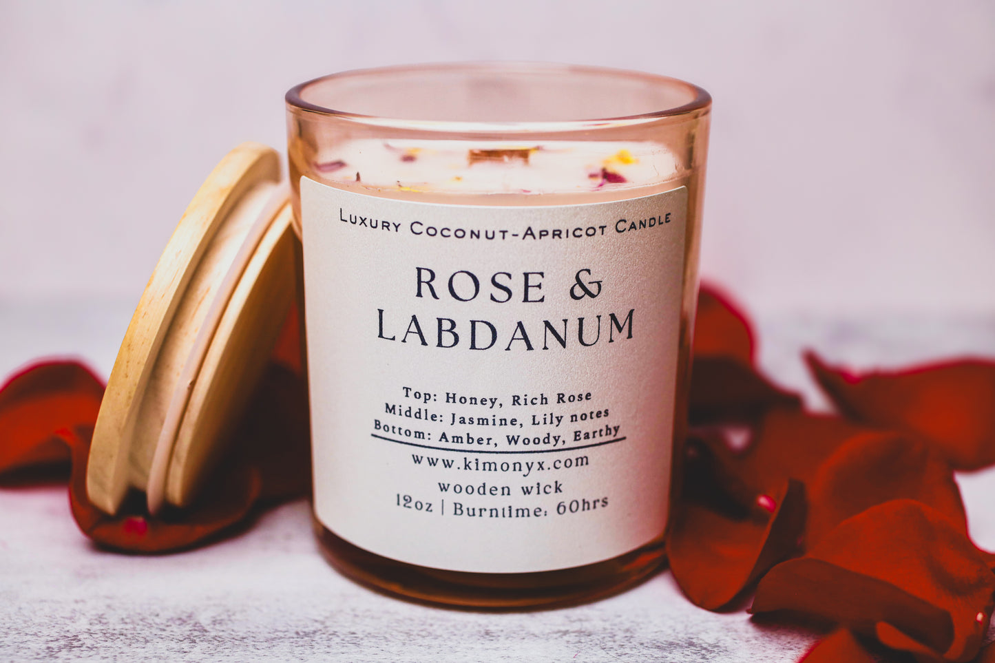 Rose & Labdanum | Coconut-Apricot Candle 12oz  (Topped with Dried Flowers) + Free Car Air Freshener