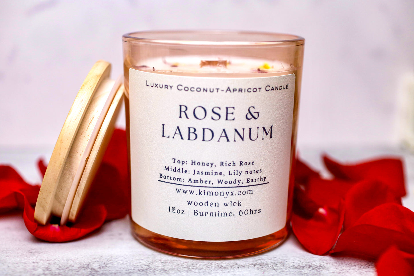 Rose & Labdanum | Coconut-Apricot Candle 12oz  (Topped with Dried Flowers) + Free Car Air Freshener