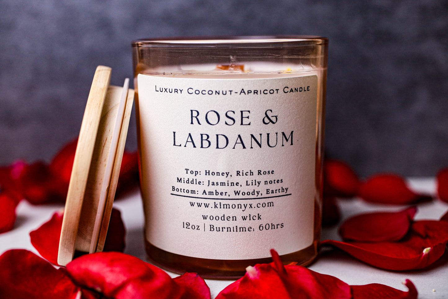 Rose & Labdanum | Coconut-Apricot Candle 12oz  (Topped with Dried Flowers) + Free Car Air Freshener