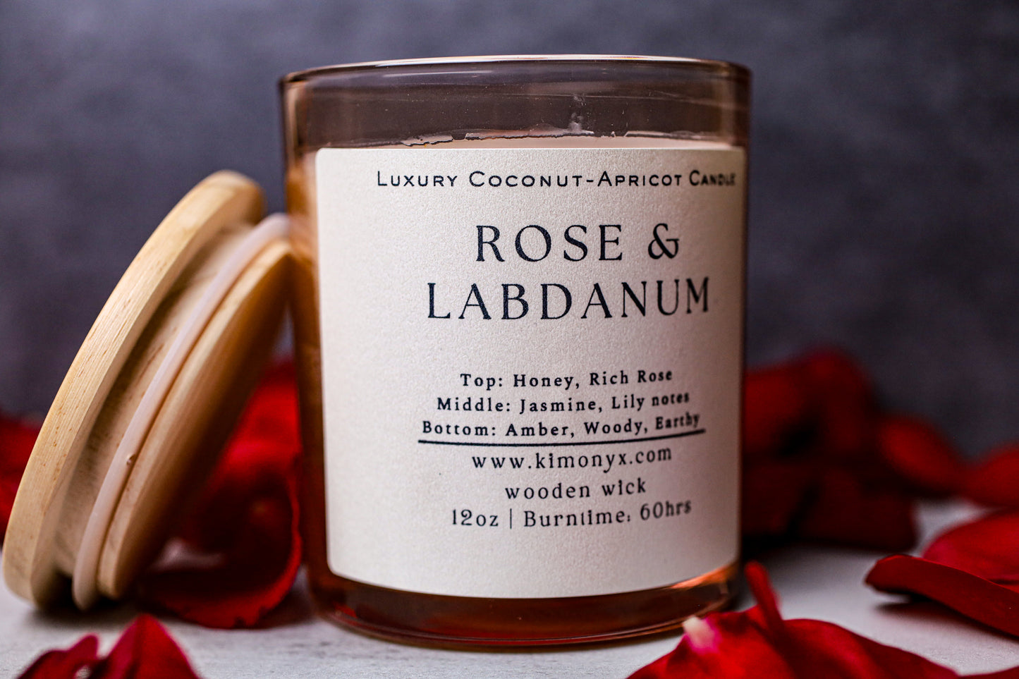Rose & Labdanum | Coconut-Apricot Candle 12oz  (Topped with Dried Flowers) + Free Car Air Freshener