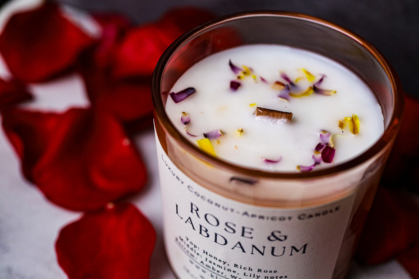 Rose & Labdanum | Coconut-Apricot Candle 12oz  (Topped with Dried Flowers) + Free Car Air Freshener