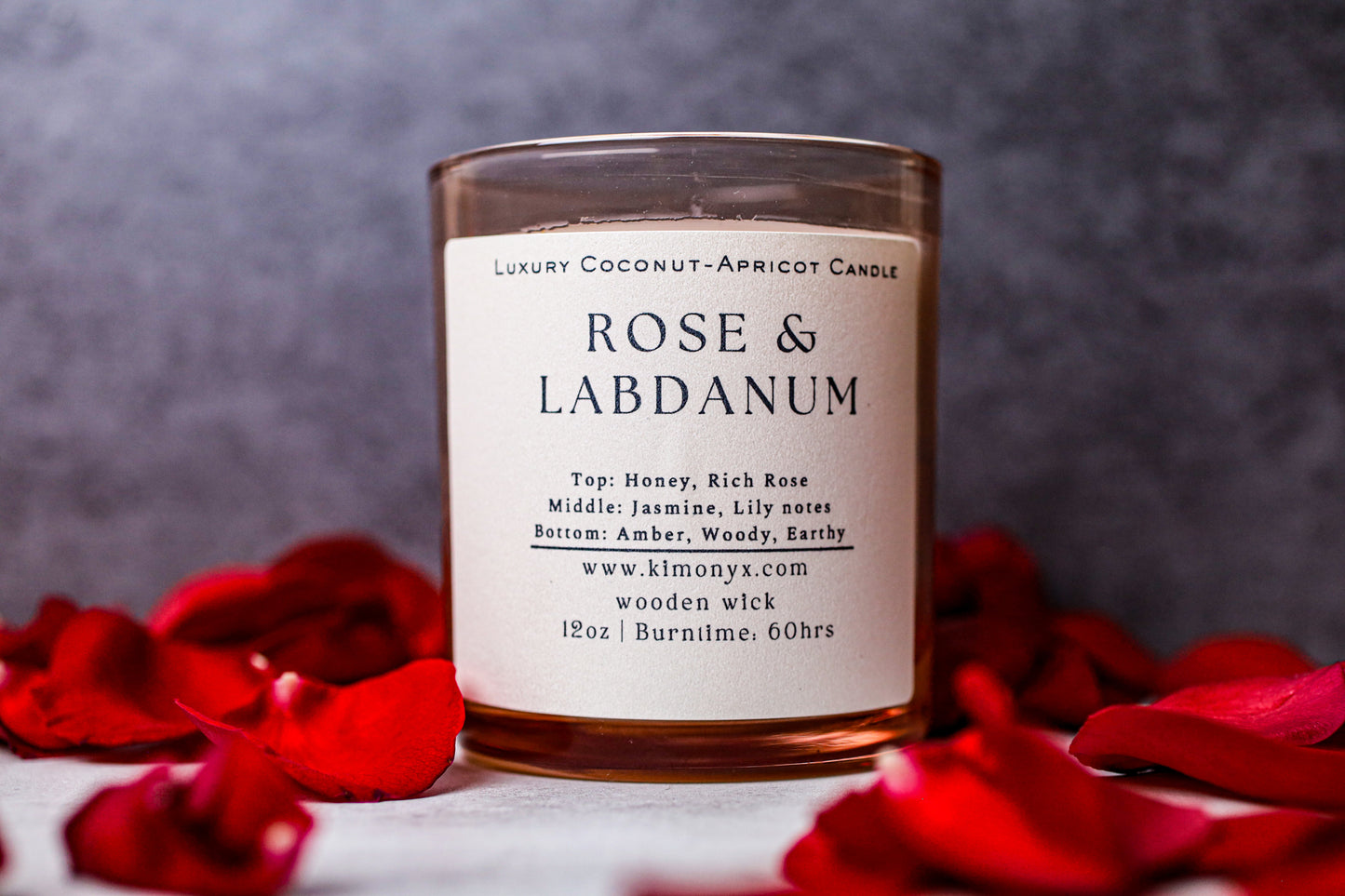 Rose & Labdanum | Coconut-Apricot Candle 12oz  (Topped with Dried Flowers) + Free Car Air Freshener