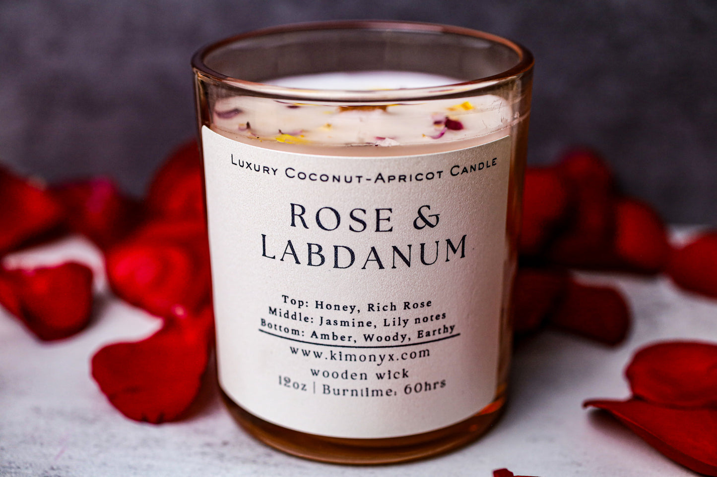 Rose & Labdanum | Coconut-Apricot Candle 12oz  (Topped with Dried Flowers) + Free Car Air Freshener