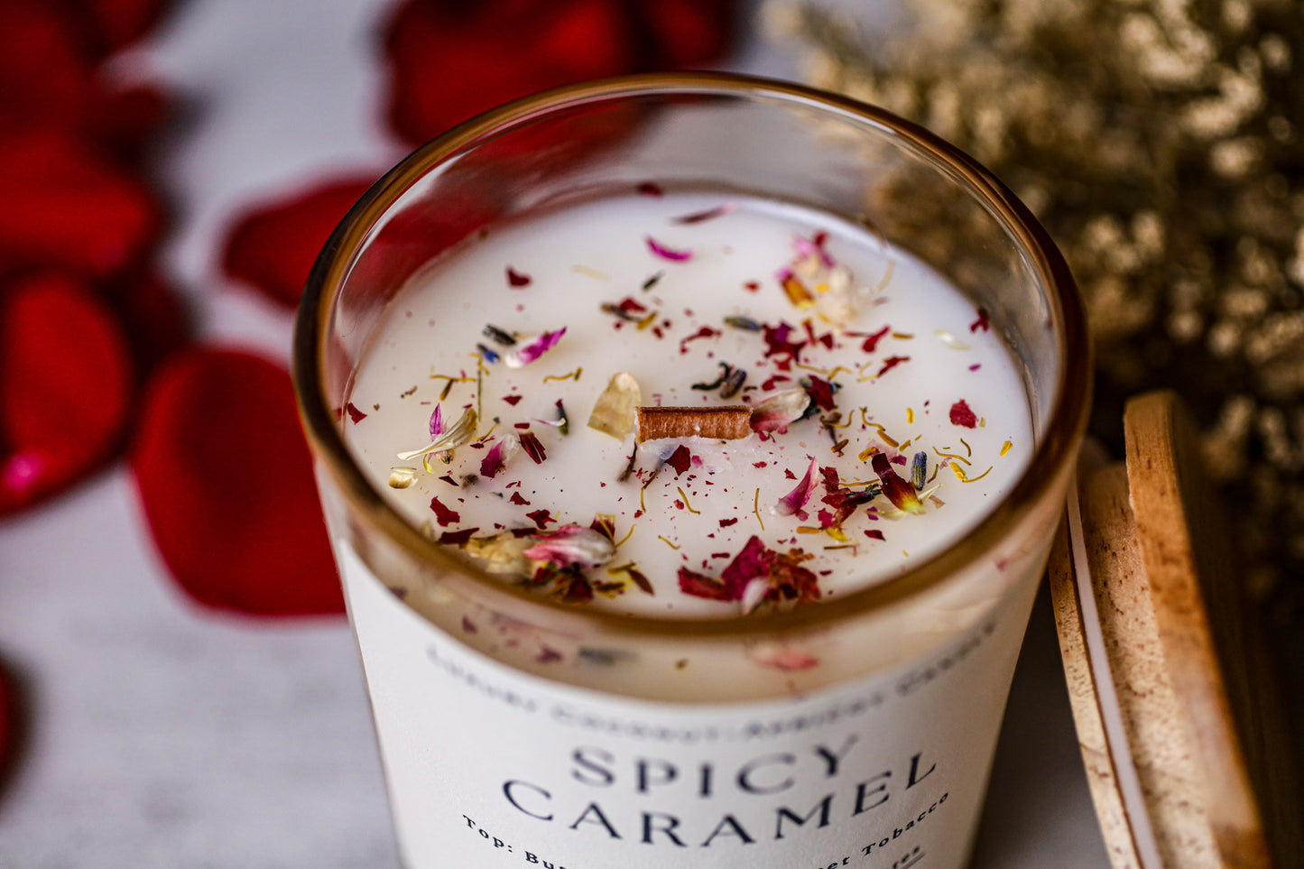 Spicy Tobacco Caramel – 12 oz Coconut Apricot Wax Candle (Topped with Dried Flower) + Free Car Air Freshener