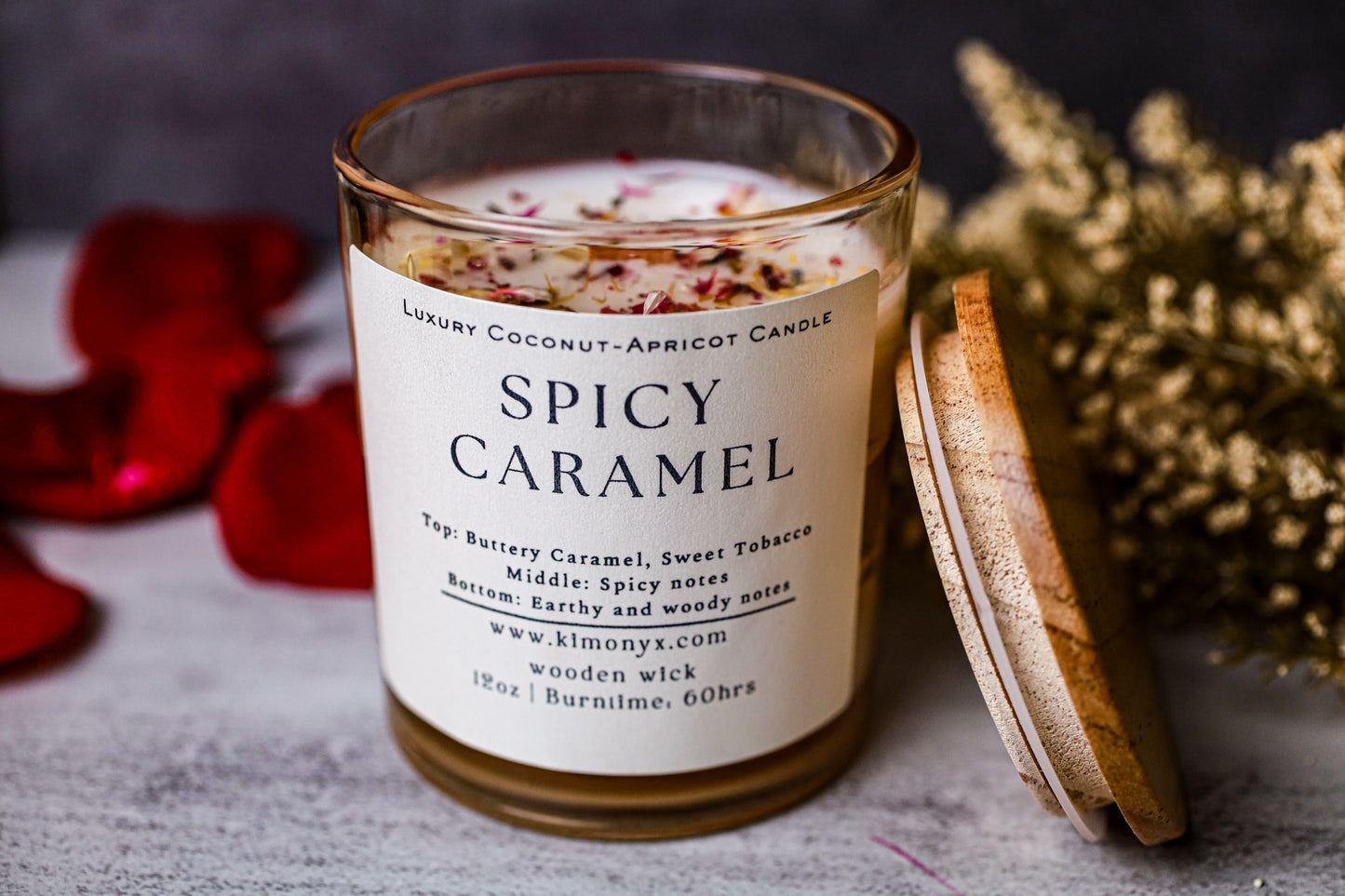 Spicy Tobacco Caramel – 12 oz Coconut Apricot Wax Candle (Topped with Dried Flower) + Free Car Air Freshener