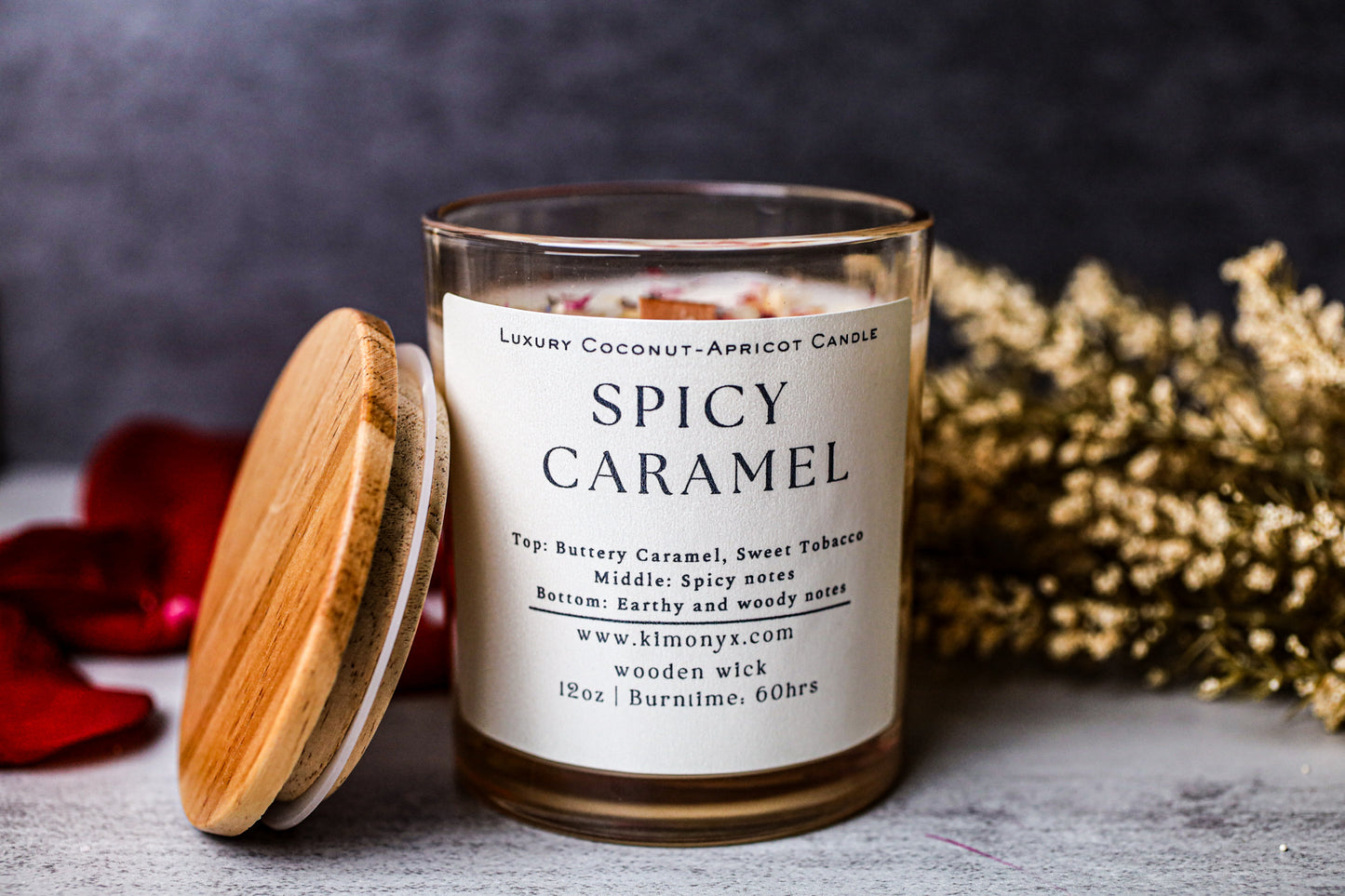 Spicy Tobacco Caramel – 12 oz Coconut Apricot Wax Candle (Topped with Dried Flower) + Free Car Air Freshener