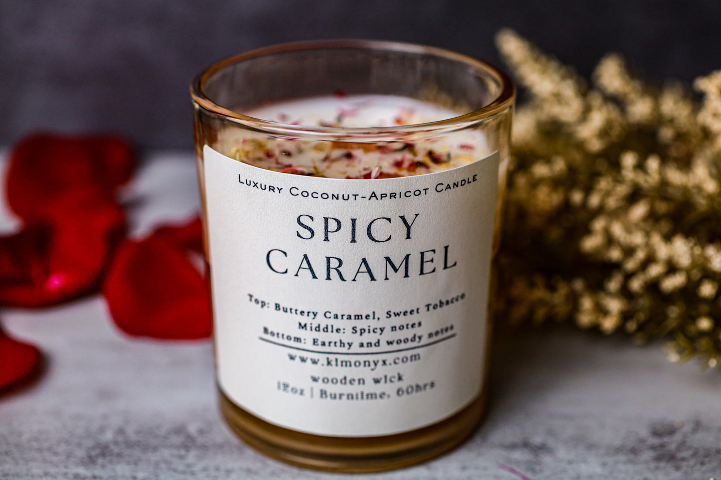 Spicy Tobacco Caramel – 12 oz Coconut Apricot Wax Candle (Topped with Dried Flower) + Free Car Air Freshener