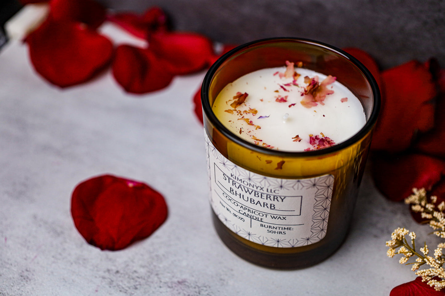 Strawberry Rhubarb | Coconut-Apricot 8oz (Topped with Dried Flowers) + Free Car Air Freshener