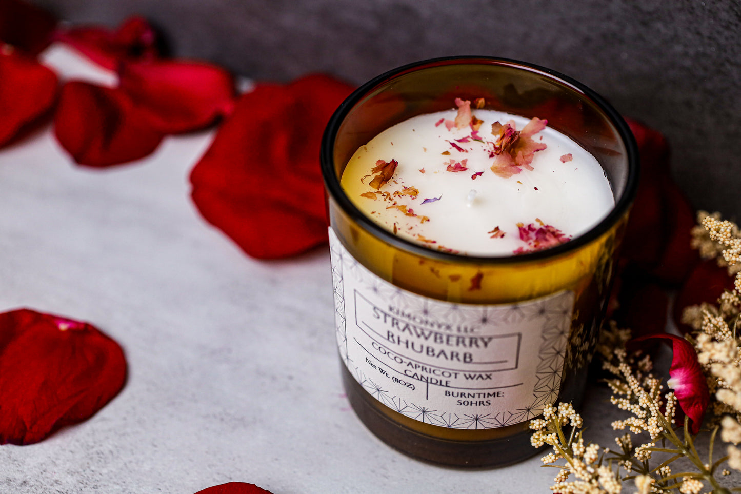 Strawberry Rhubarb | Coconut-Apricot 8oz (Topped with Dried Flowers) + Free Car Air Freshener