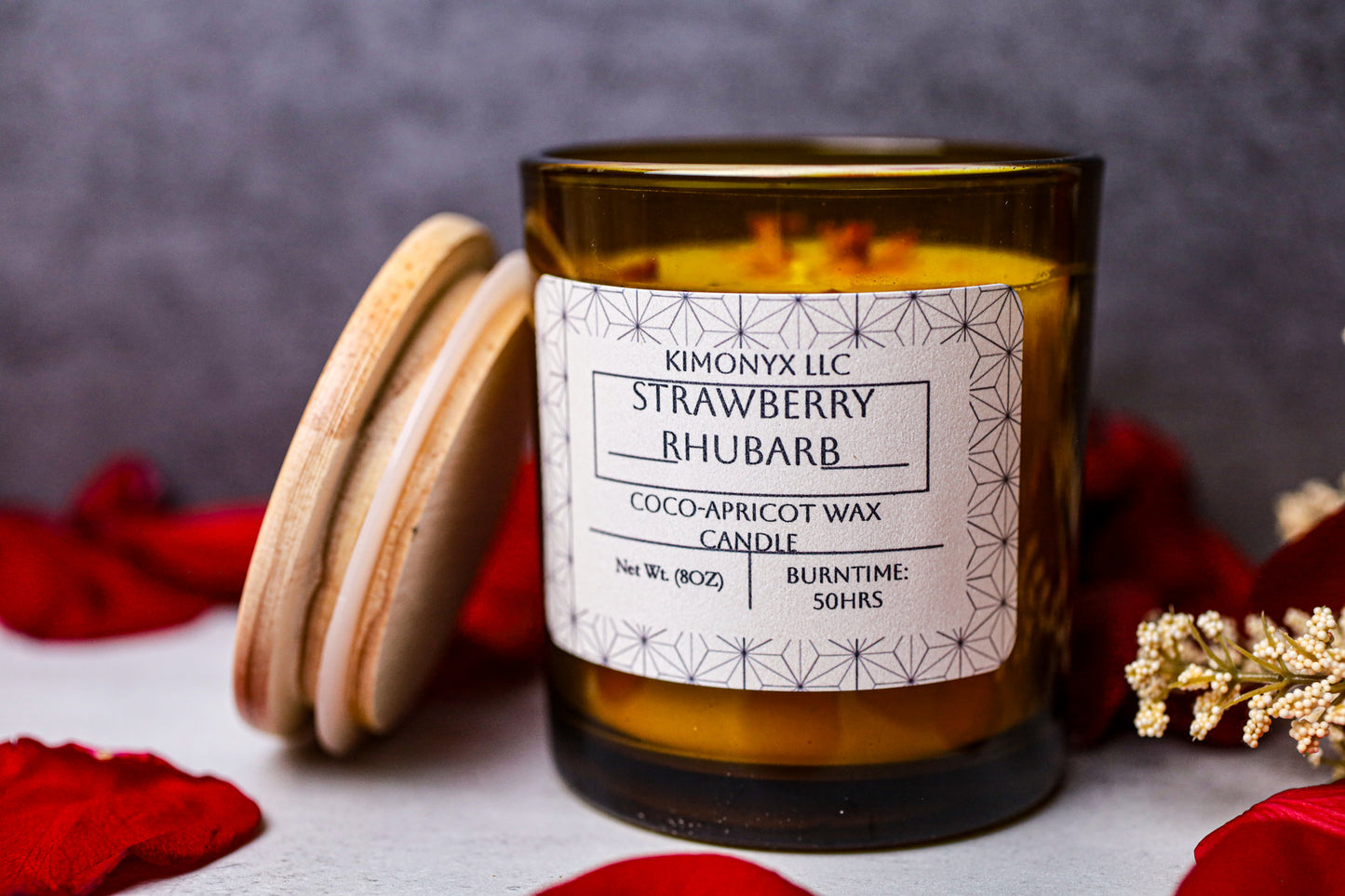 Strawberry Rhubarb | Coconut-Apricot 8oz (Topped with Dried Flowers) + Free Car Air Freshener