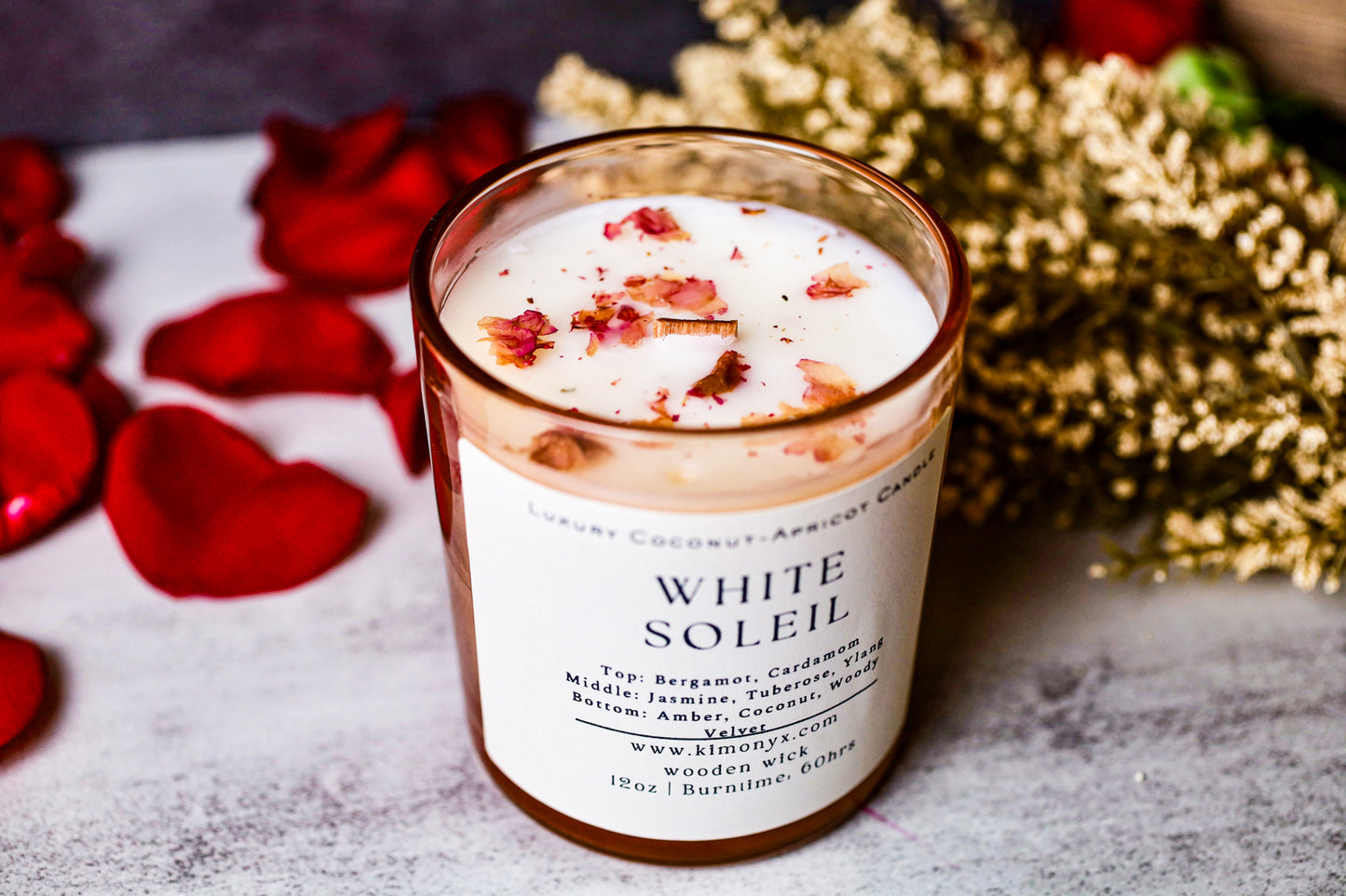 White Soleil – 12 oz Coconut Apricot Wax Candle (Topped with Dried Flower) + Free Car Air Freshener