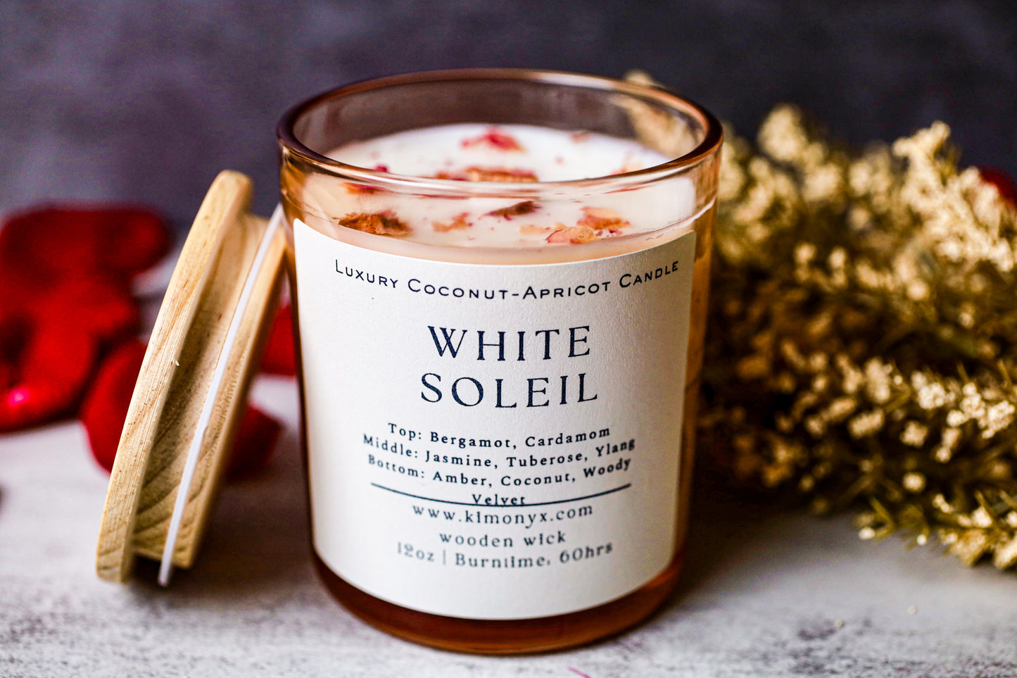 White Soleil – 12 oz Coconut Apricot Wax Candle (Topped with Dried Flower) + Free Car Air Freshener