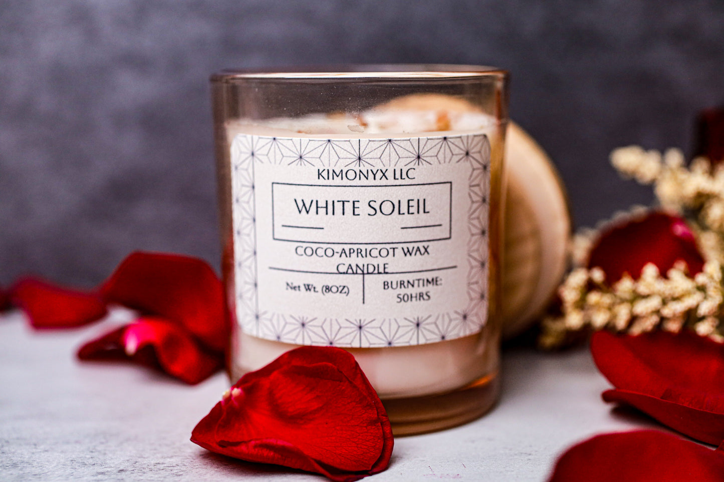 White Soleil | Coconut-Apricot Candle 8oz (Topped with Dried Flowers) + Free Car Air Freshener